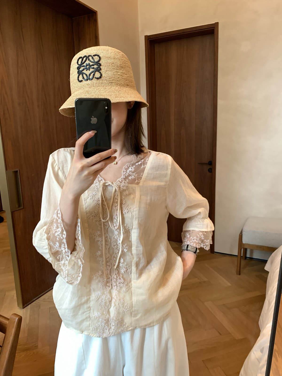 여름 켜기 새로운 한 표준 품격 미니멀리즘 일본식 라미 레이스 조각 레이스업 작은 셔츠 상세 이미지 7
