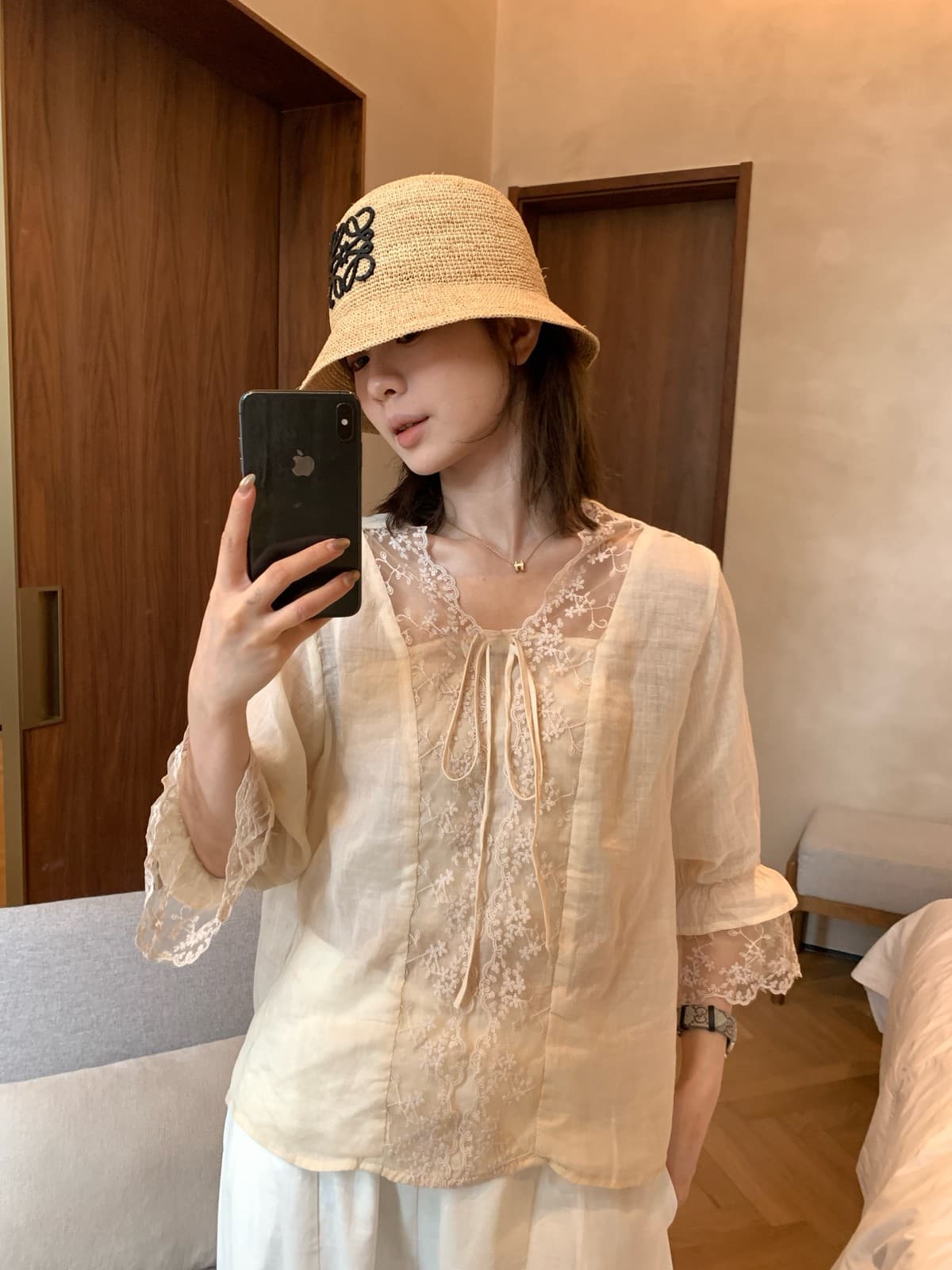 여름 켜기 새로운 한 표준 품격 미니멀리즘 일본식 라미 레이스 조각 레이스업 작은 셔츠 상세 이미지 11