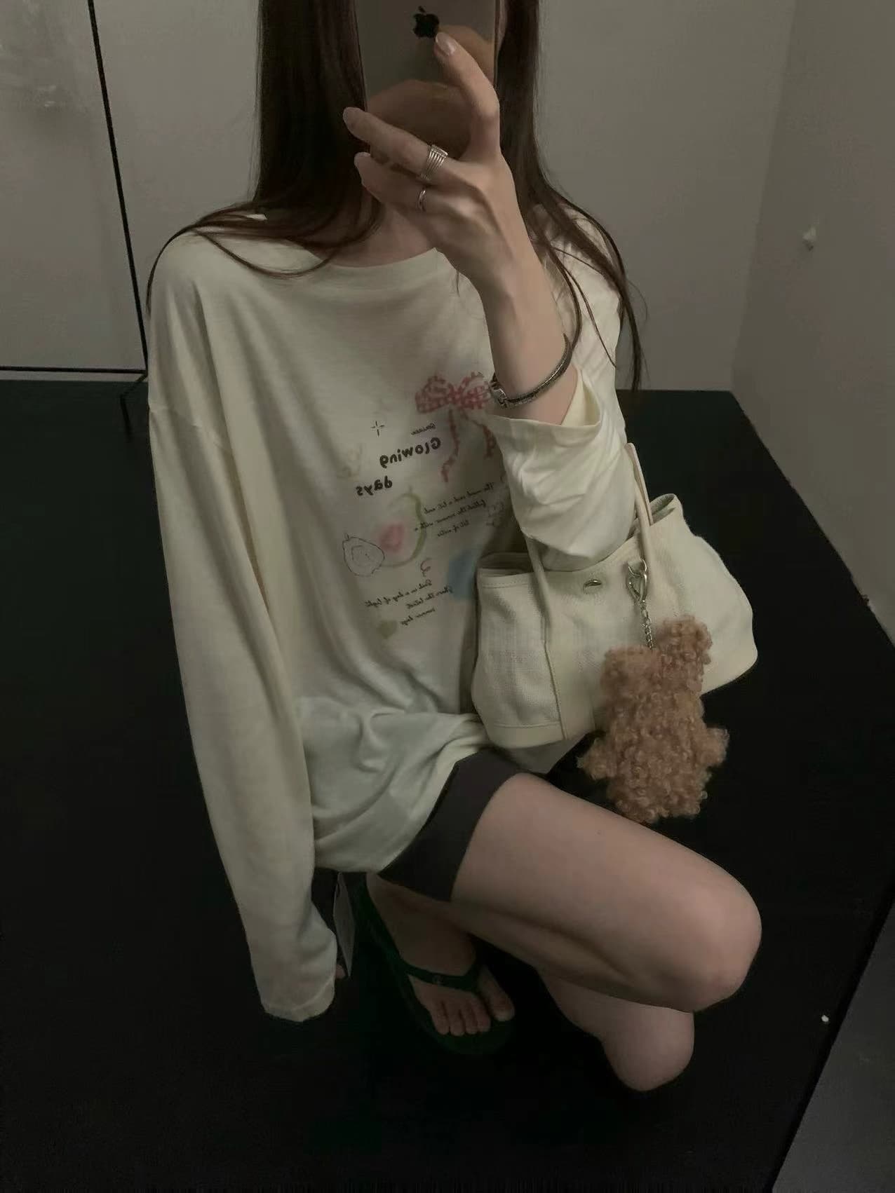 실사 26 여름 켜기 새로운 달콤함 느긋한 바람 라운드 넥 루즈핏 알파벳 프린트 긴팔 티셔츠 상세 이미지 7