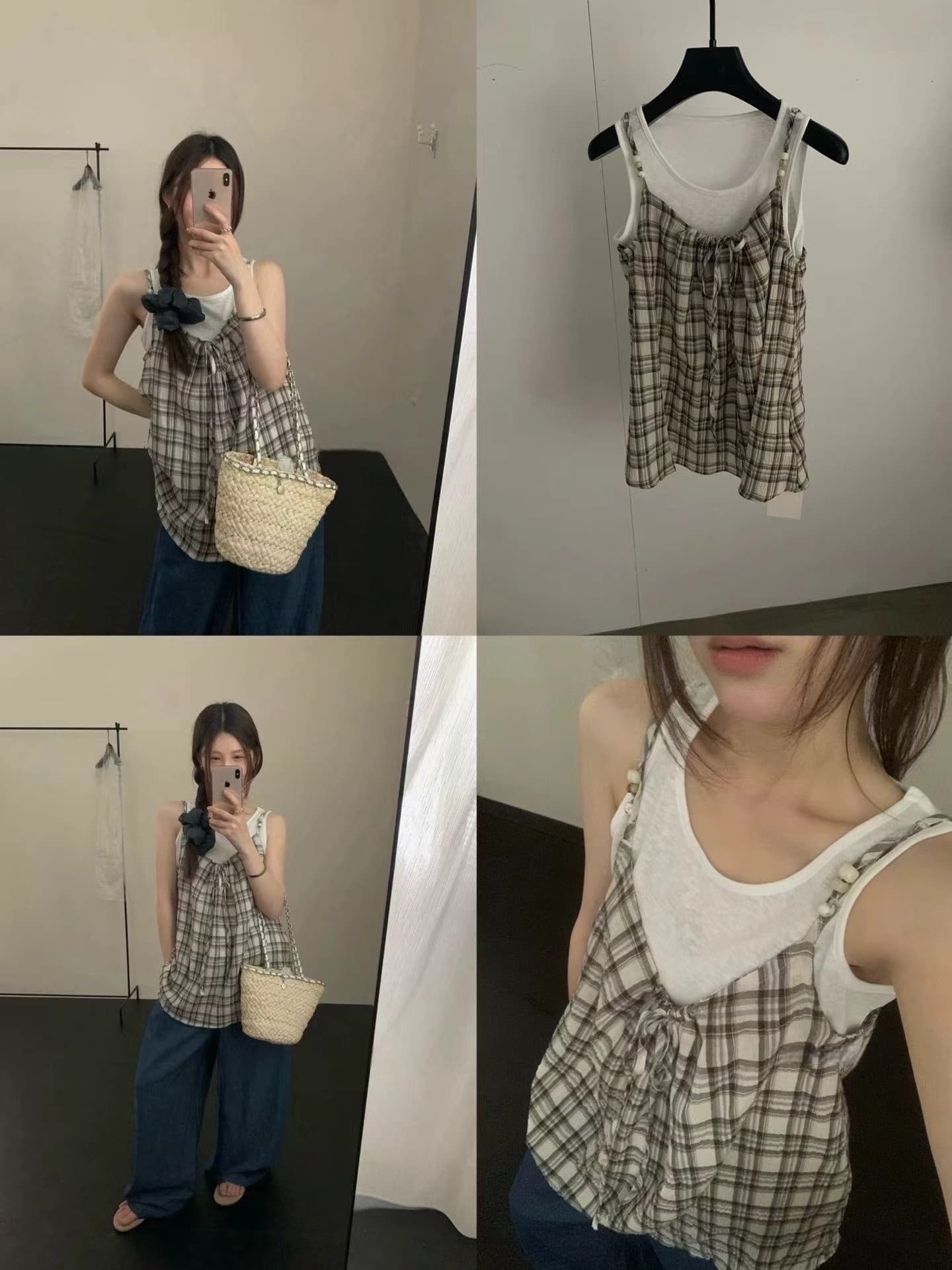 실사 26 여름 켜기 새로운 한 부서 달콤함 디자인 센스 단색 조끼 프릴 체크무늬 캐미솔 투피스 세트 상세 이미지 2