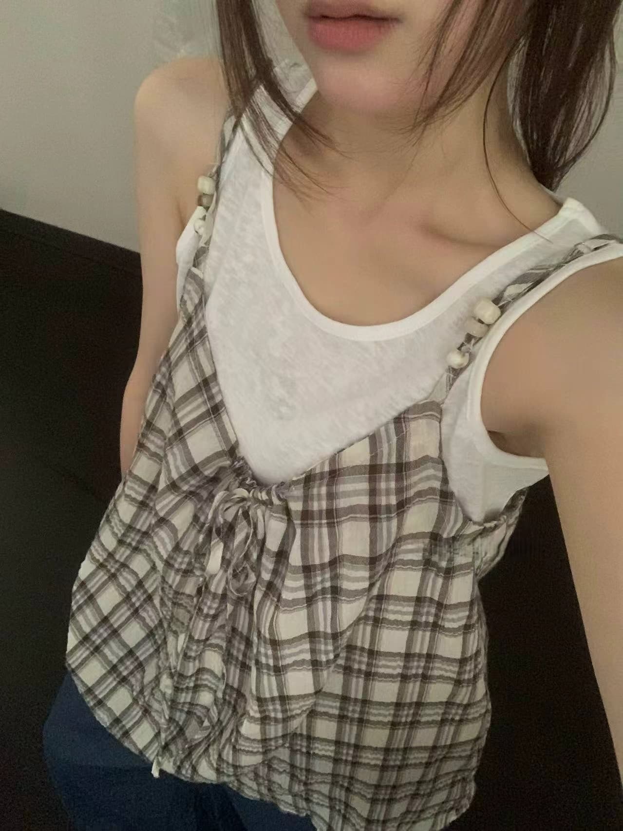 실사 26 여름 켜기 새로운 한 부서 달콤함 디자인 센스 단색 조끼 프릴 체크무늬 캐미솔 투피스 세트 상세 이미지 3