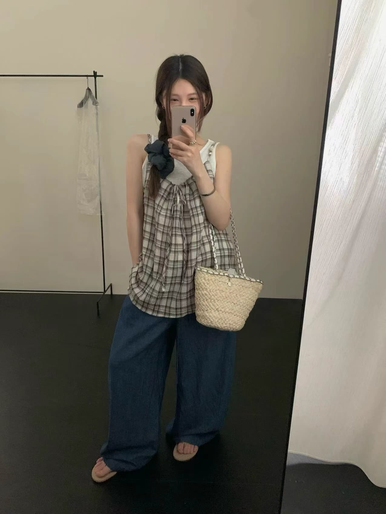 실사 26 여름 켜기 새로운 한 부서 달콤함 디자인 센스 단색 조끼 프릴 체크무늬 캐미솔 투피스 세트 상세 이미지 4