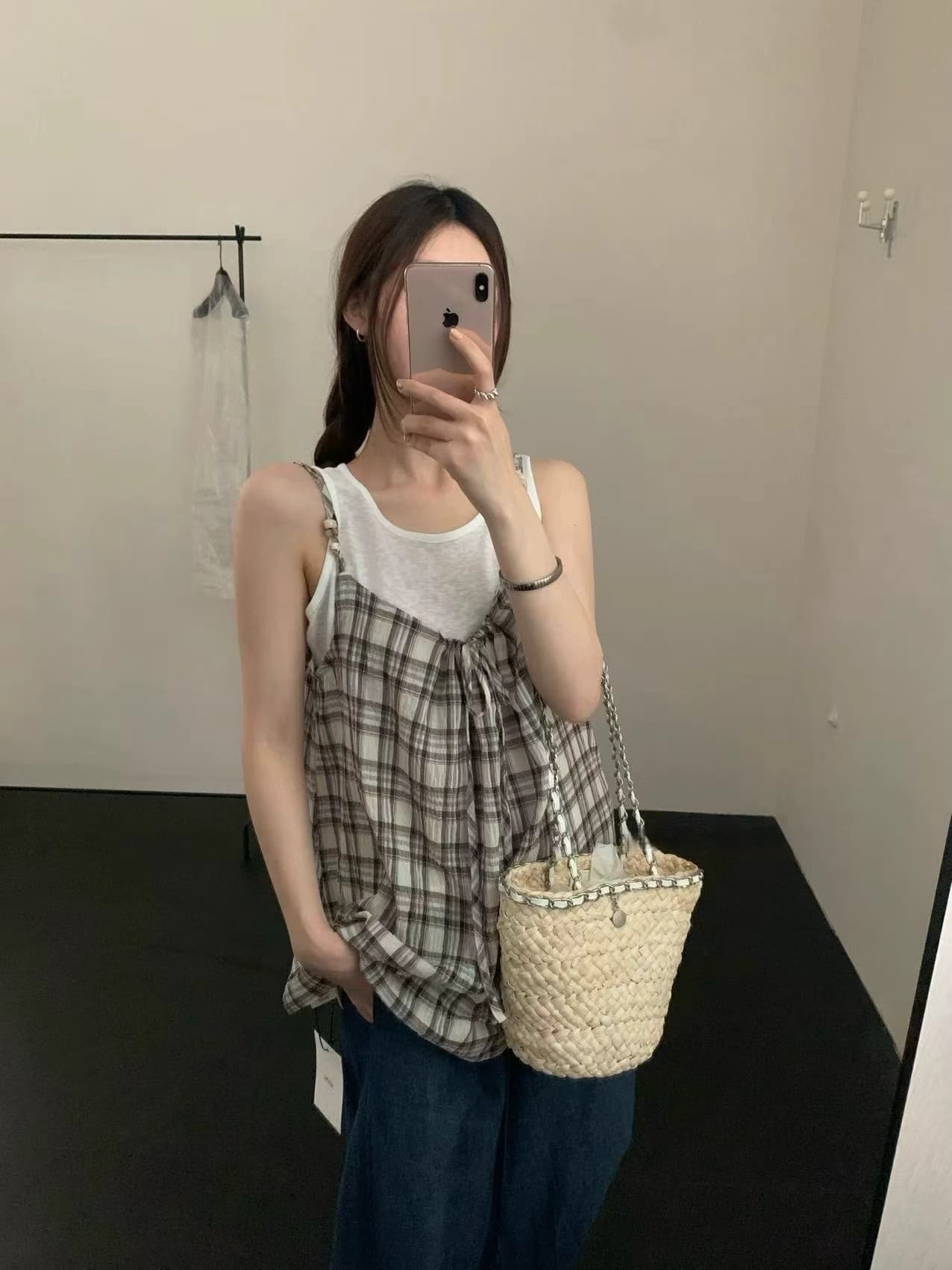 실사 26 여름 켜기 새로운 한 부서 달콤함 디자인 센스 단색 조끼 프릴 체크무늬 캐미솔 투피스 세트 상세 이미지 5