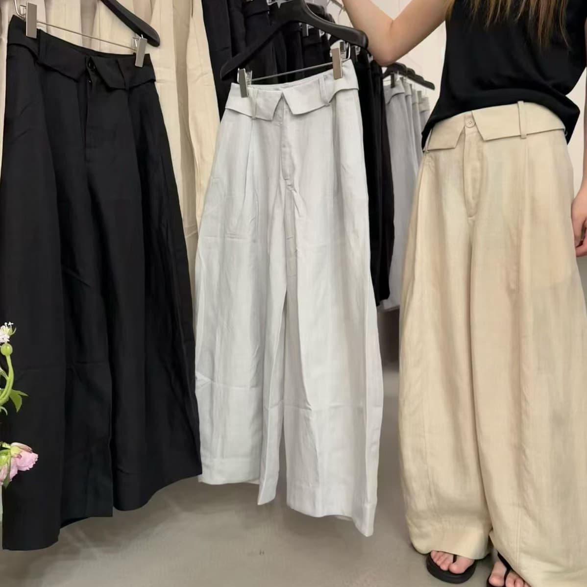26 여름 켜기 새로운 한 부서 오래된 돈 바람 디자인 센스 뒤집다 측면 허리 머리 모통이 칼 넓은 다리 캐주얼 바지 상세 이미지 2