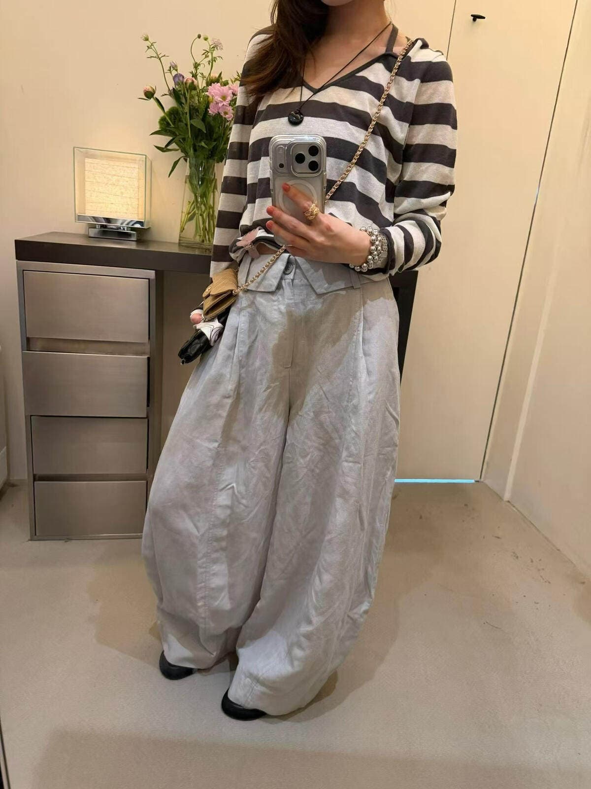 26 여름 켜기 새로운 한 부서 오래된 돈 바람 디자인 센스 뒤집다 측면 허리 머리 모통이 칼 넓은 다리 캐주얼 바지 상세 이미지 8