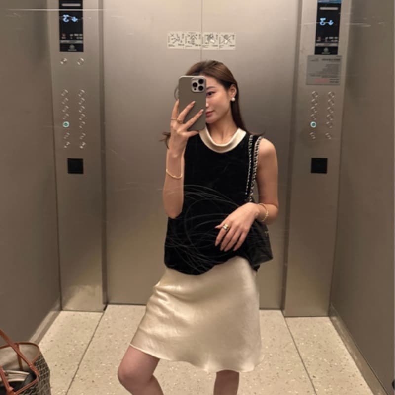 26 여름 켜기 새로운 프랑스식 패치워크 색상 칼라 조끼 우아함 인어 꼬리 반신 스커트 투피스 세트 세트 이미지 6