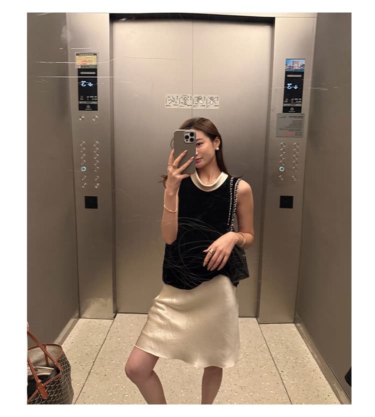 26 여름 켜기 새로운 프랑스식 패치워크 색상 칼라 조끼 우아함 인어 꼬리 반신 스커트 투피스 세트 세트 상세 이미지 15