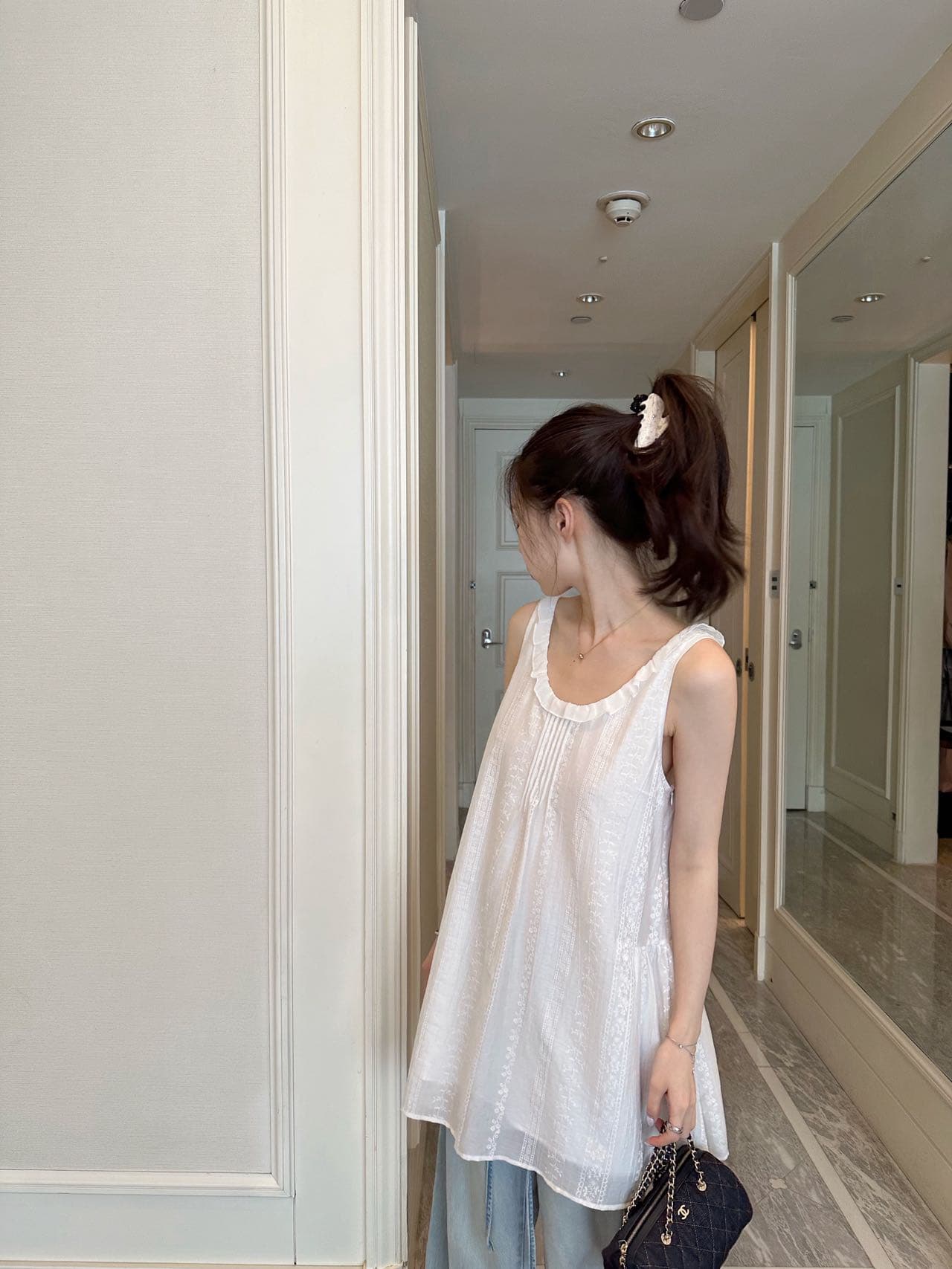 인터넷 레드 블로그 주님 챕터 쉘 매장 주간 실크 원단 자카드 민소매 대 u 칼라 슬림해 보이는 드레스 단일 판매 치마 상세 이미지 5