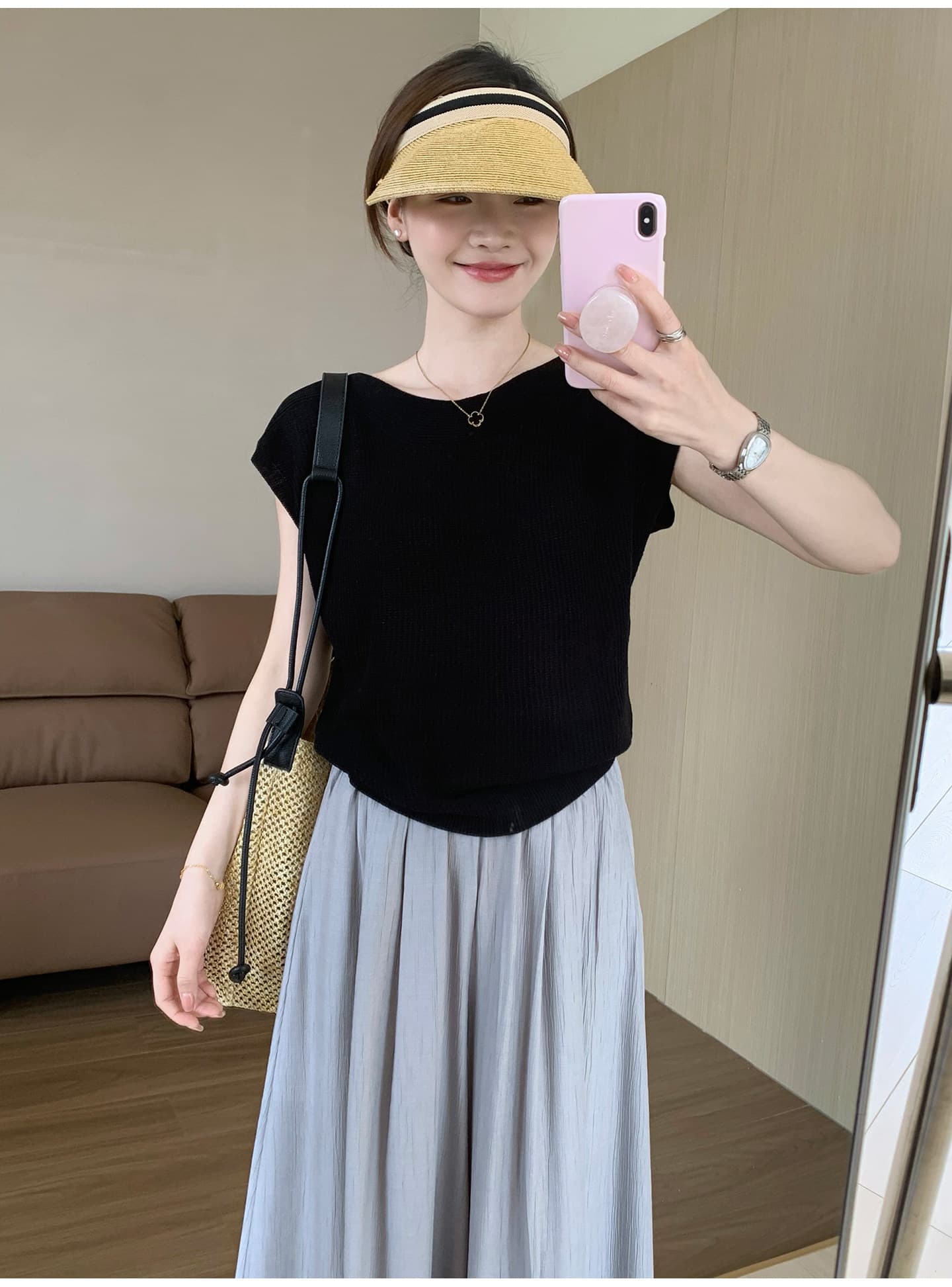 여름 켜기 새로운 미니멀리즘 일상 출퇴근 작은 날다 소매 루즈핏 품격 니트 스웨터 상세 이미지 48