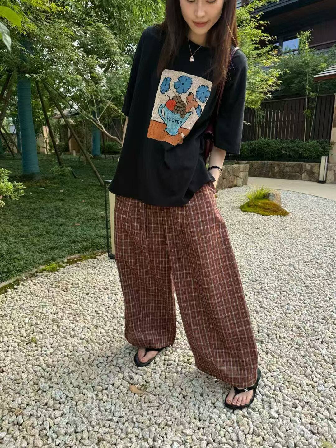 26 여름 켜기 새로운 아메리칸 레트로 체크무늬 펌프 로프 와이드 레그 팬츠 게으른 바람 루즈핏 슬림해 보이는 캐주얼 바지 이미지 3