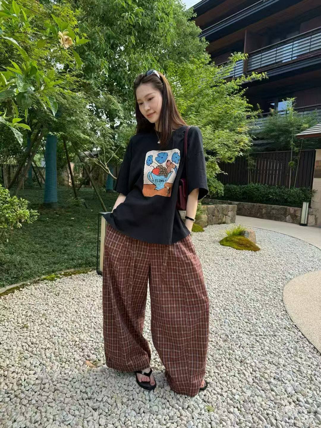 26 여름 켜기 새로운 아메리칸 레트로 체크무늬 펌프 로프 와이드 레그 팬츠 게으른 바람 루즈핏 슬림해 보이는 캐주얼 바지 이미지 4