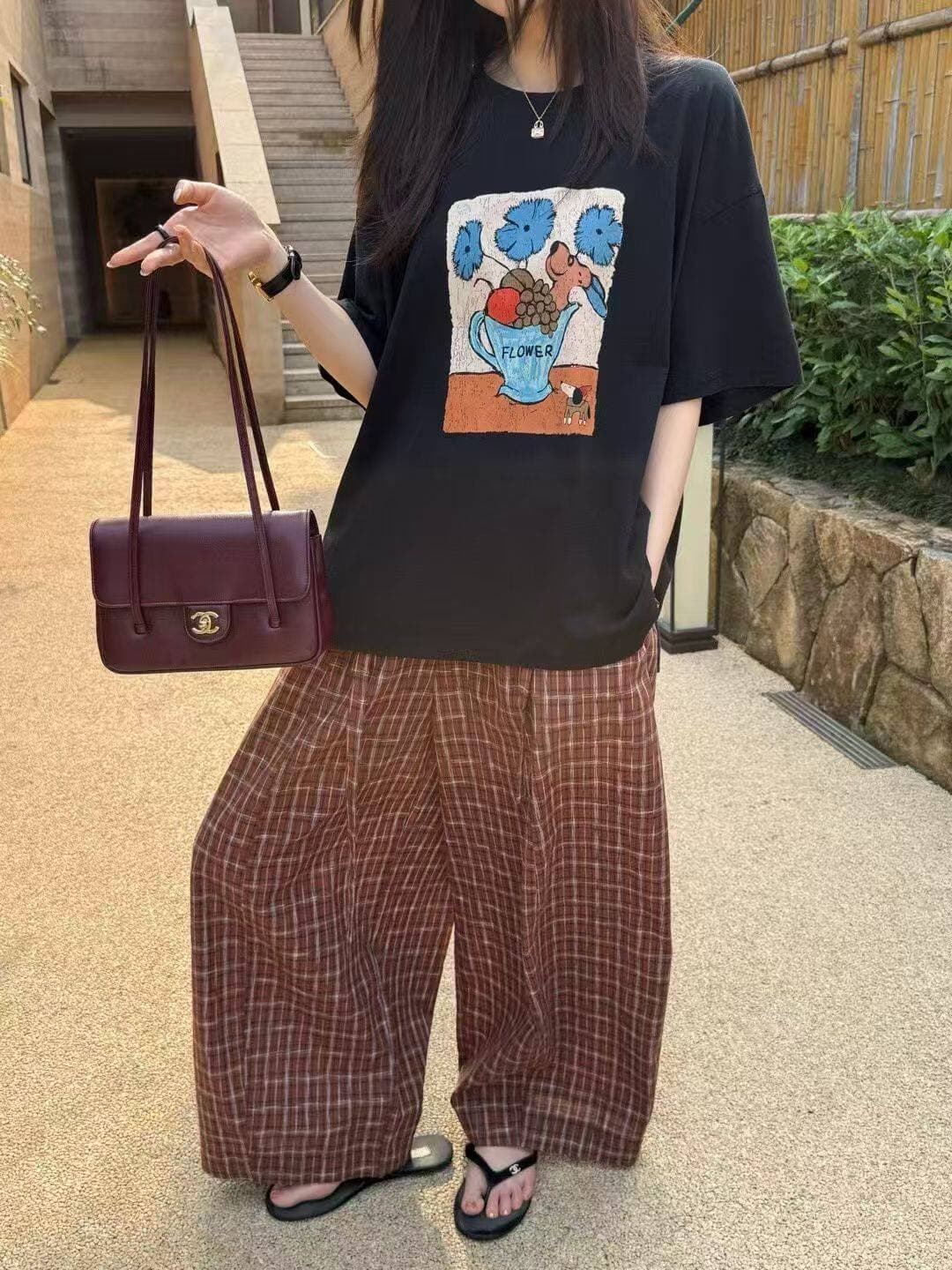 26 여름 켜기 새로운 아메리칸 레트로 체크무늬 펌프 로프 와이드 레그 팬츠 게으른 바람 루즈핏 슬림해 보이는 캐주얼 바지 상세 이미지 2
