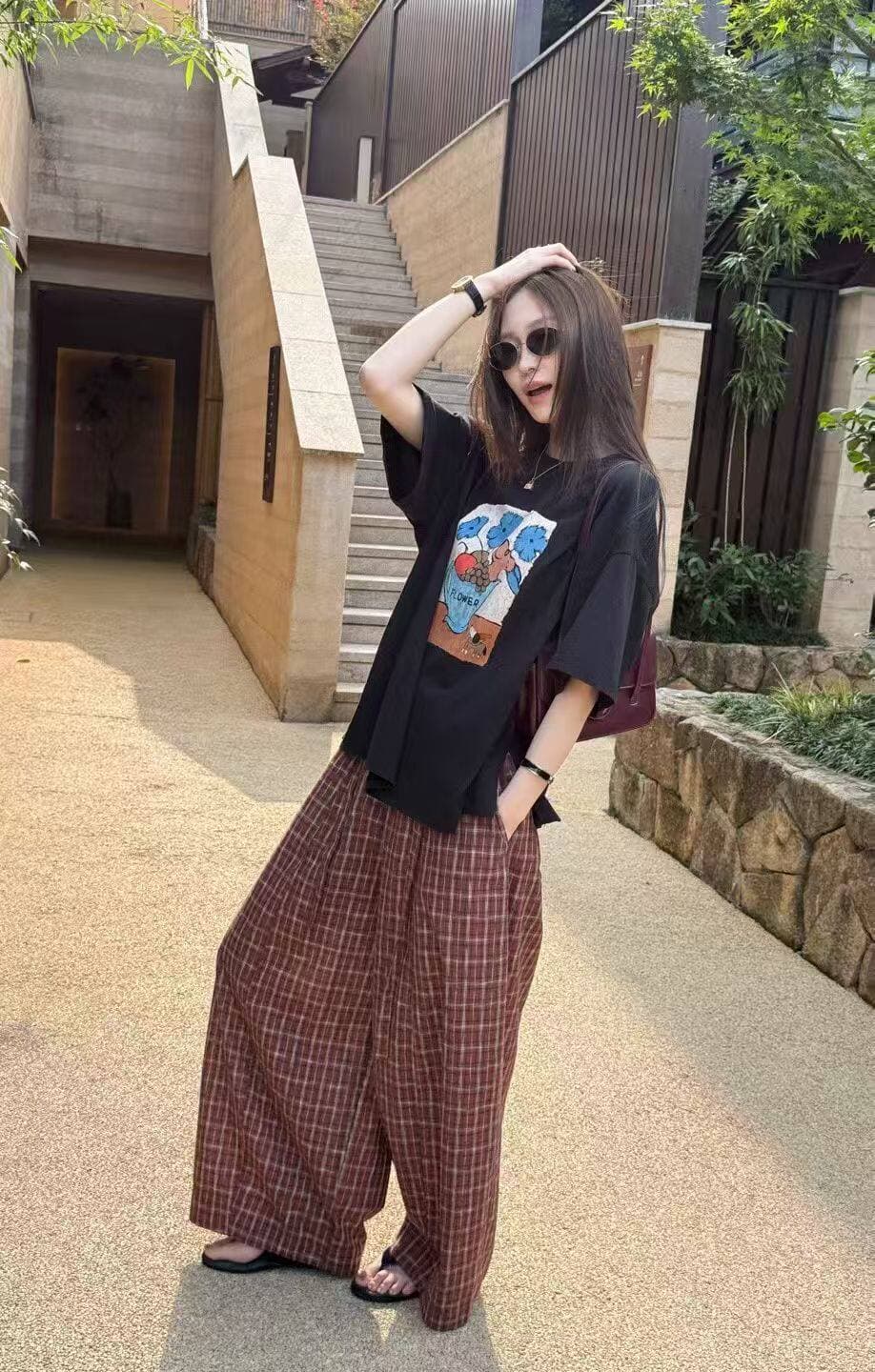 26 여름 켜기 새로운 아메리칸 레트로 체크무늬 펌프 로프 와이드 레그 팬츠 게으른 바람 루즈핏 슬림해 보이는 캐주얼 바지 상세 이미지 3