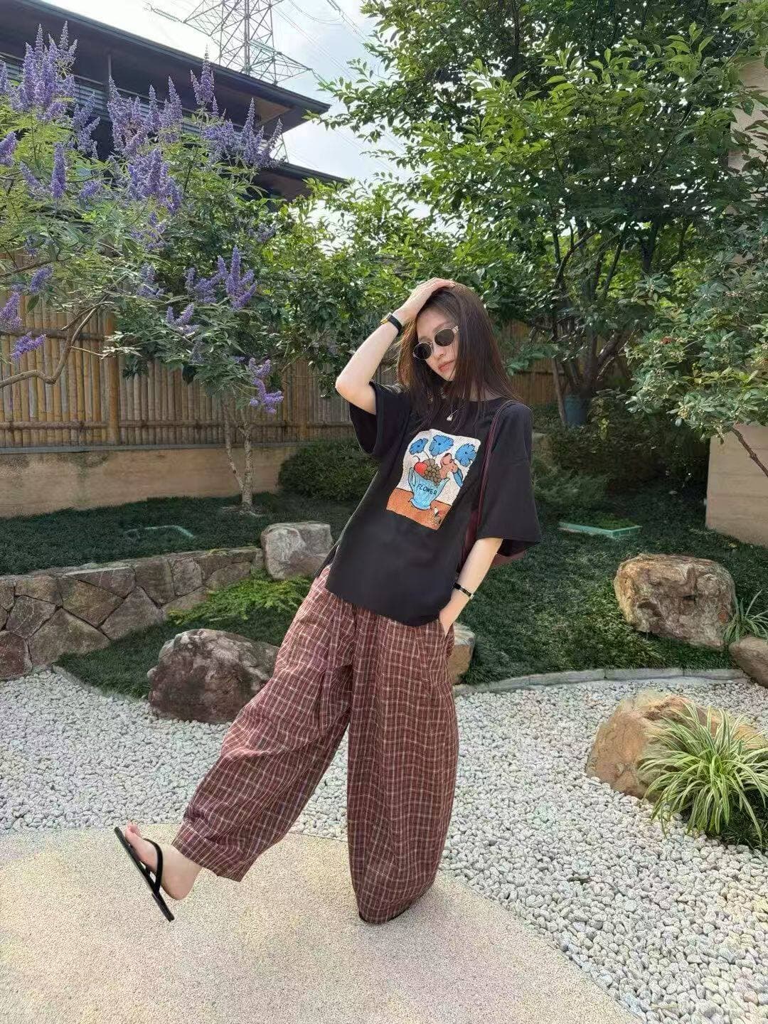 26 여름 켜기 새로운 아메리칸 레트로 체크무늬 펌프 로프 와이드 레그 팬츠 게으른 바람 루즈핏 슬림해 보이는 캐주얼 바지 상세 이미지 4