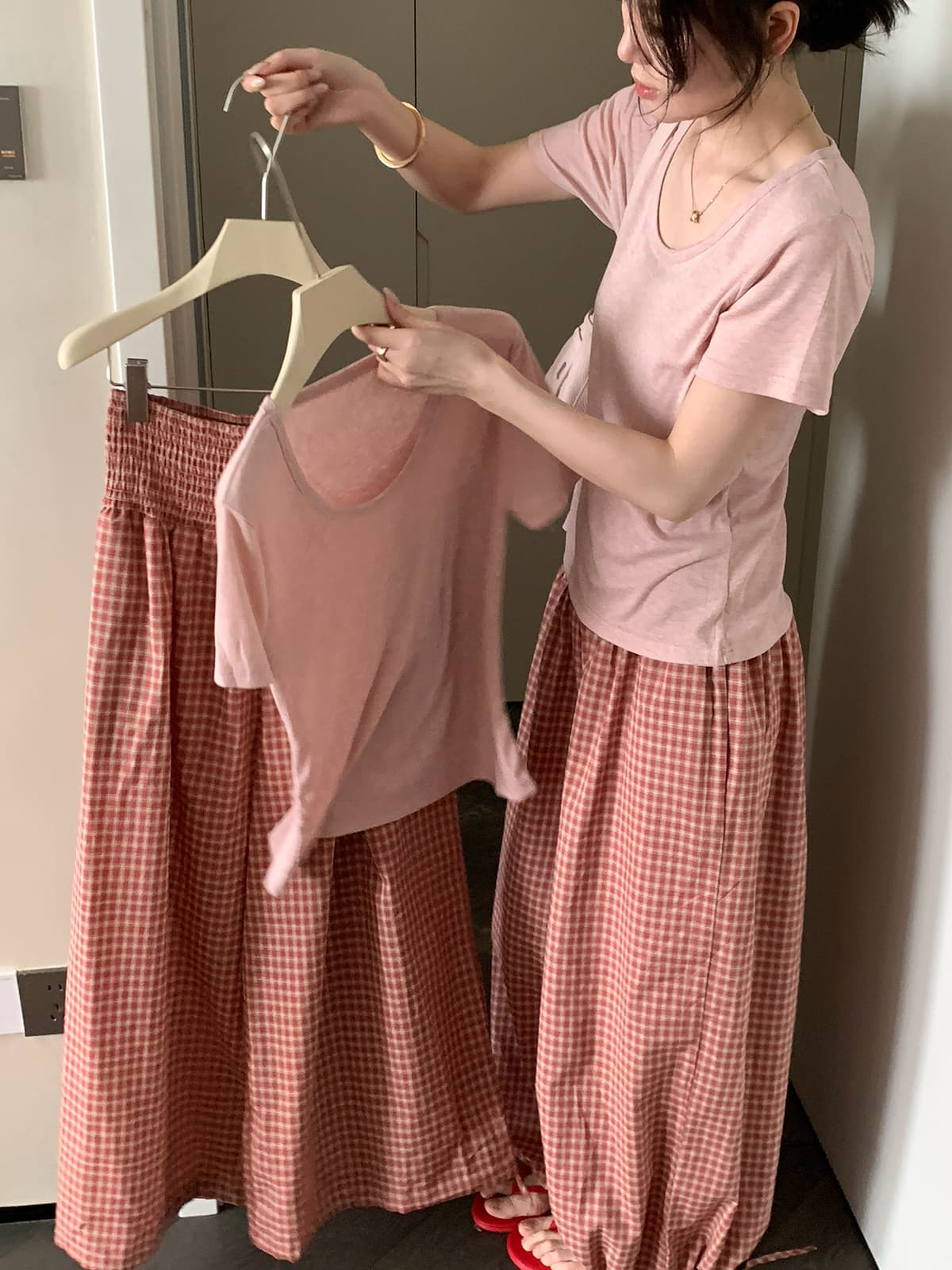 26 년 여름 켜기 새로운 한 부서 체크무늬 프랑스식 펌프 로프 폐회 캐주얼 바지 상세 이미지 9