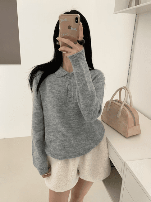 실사 가을 켜기 새로운 한국 부드러운 단색 POLO 칼라 긴팔 니트 스웨터 여성 이미지 3