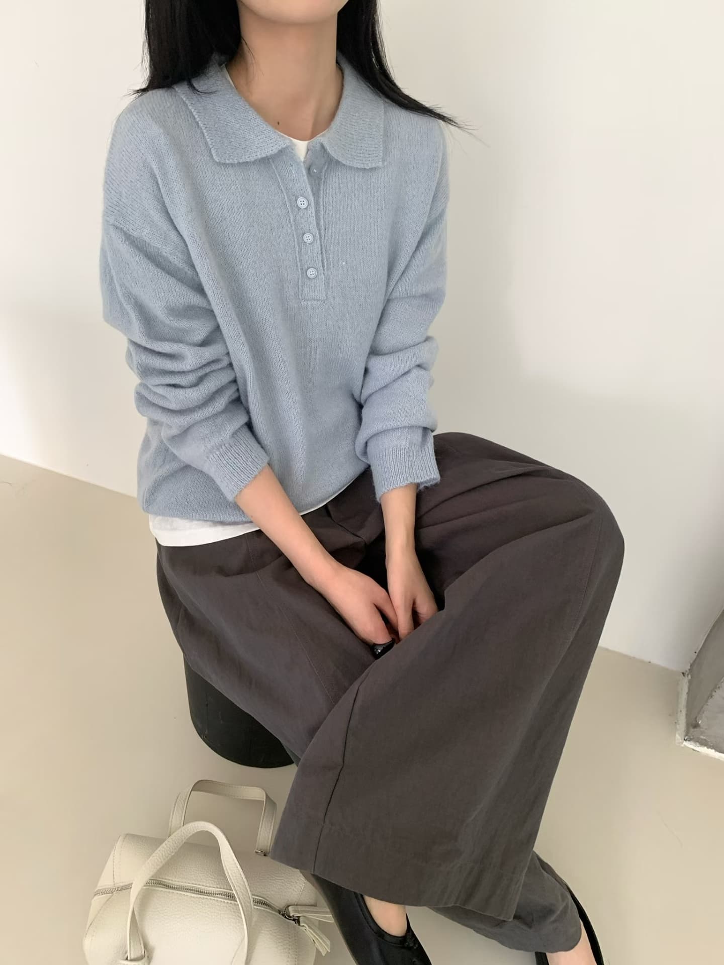 실사 가을 켜기 새로운 한국 부드러운 단색 POLO 칼라 긴팔 니트 스웨터 여성 상세 이미지 18