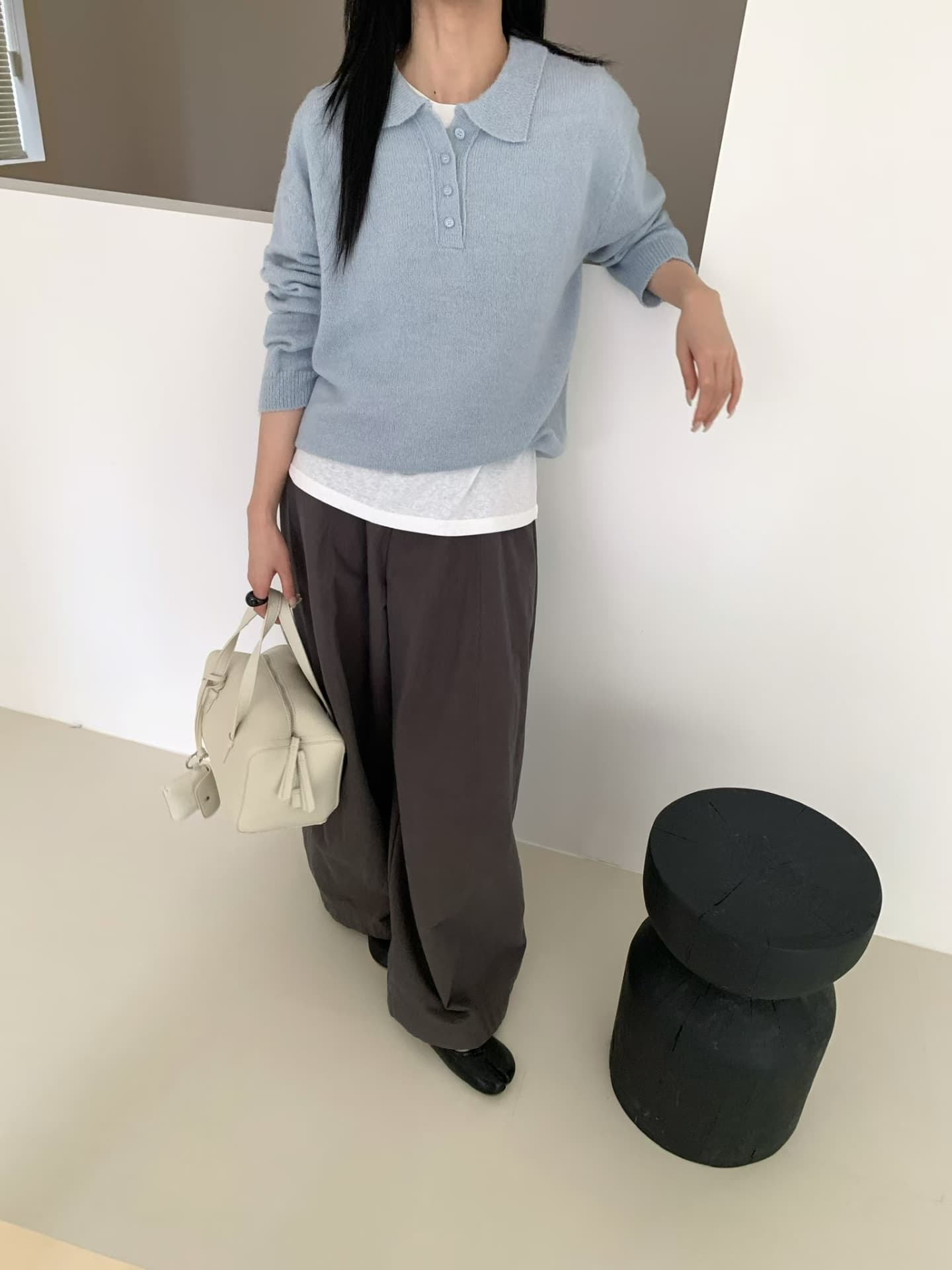 실사 가을 켜기 새로운 한국 부드러운 단색 POLO 칼라 긴팔 니트 스웨터 여성 상세 이미지 15