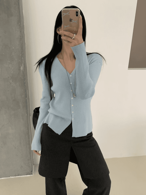 실사 가을 켜기 새로운 디자인 센스 V넥 니트 오픈 가디건 몸매 가꾸기 긴팔 스택 착용 스웨터 작은 외투