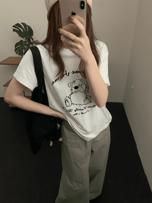 실사 2026 가을 켜기 새로운 아메리칸 레트로 알파벳 프린트 패턴 Chic 로드 중 기초 라운드 넥 반팔 티셔츠 이미지 2