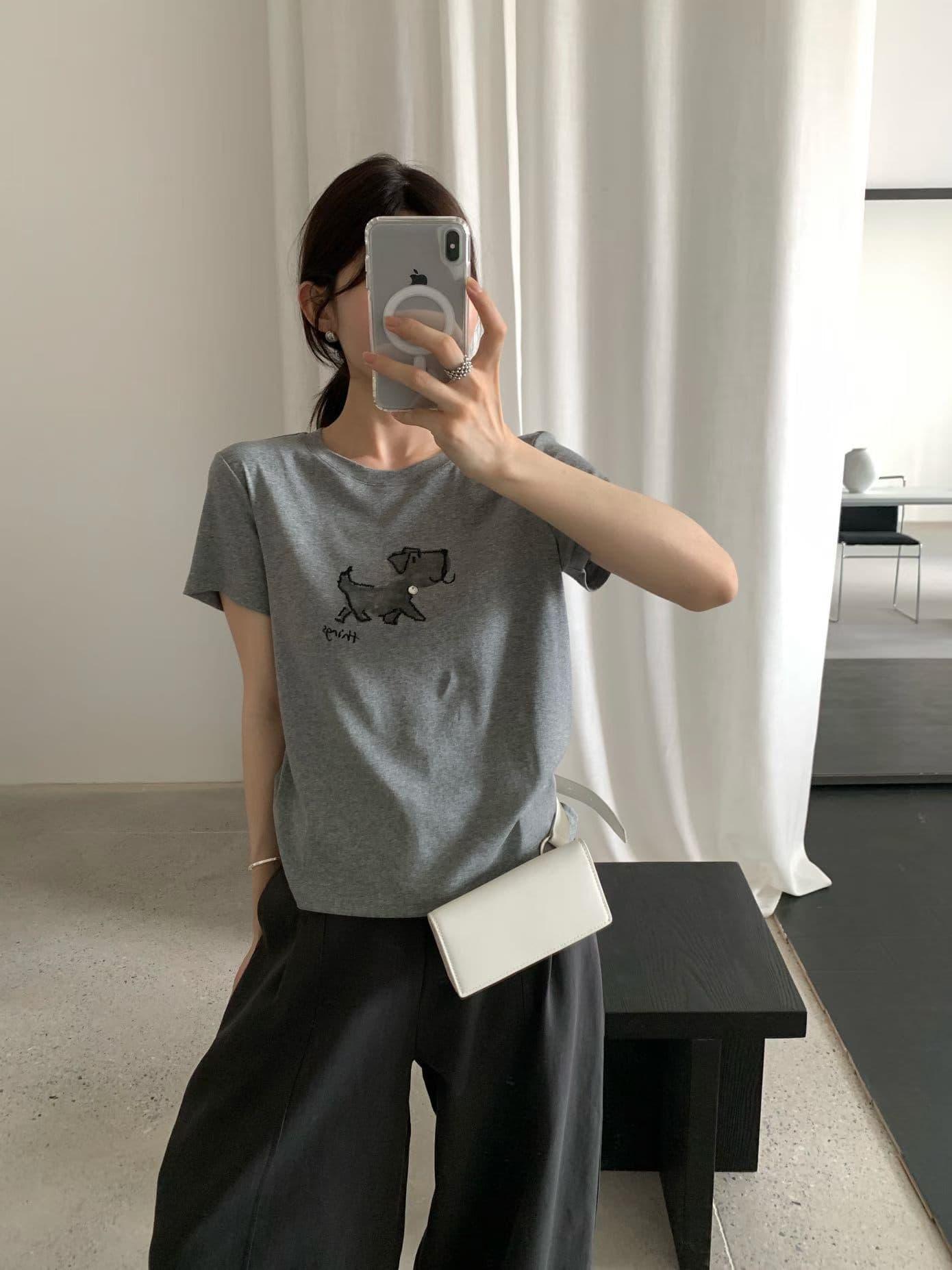 실사 2026 가을 켜기 새로운 한 부서 레트로 자수 강아지 패턴 루즈핏 라운드 넥 캐주얼 반팔 티셔츠 상세 이미지 9