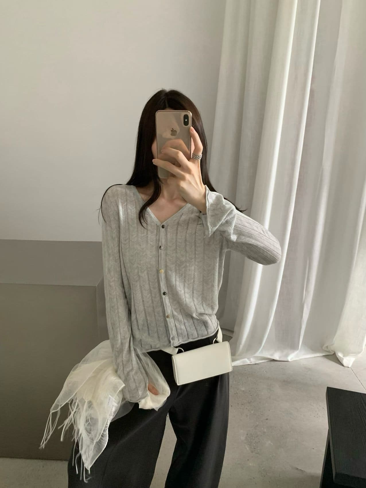 실사 익스트림 제인 지배 26 가을 켜기 새로운 한 부서 V넥 단색 홀로우 아웃 캐주얼 착용 가져 가라. 니트 오픈 가디건 상세 이미지 13