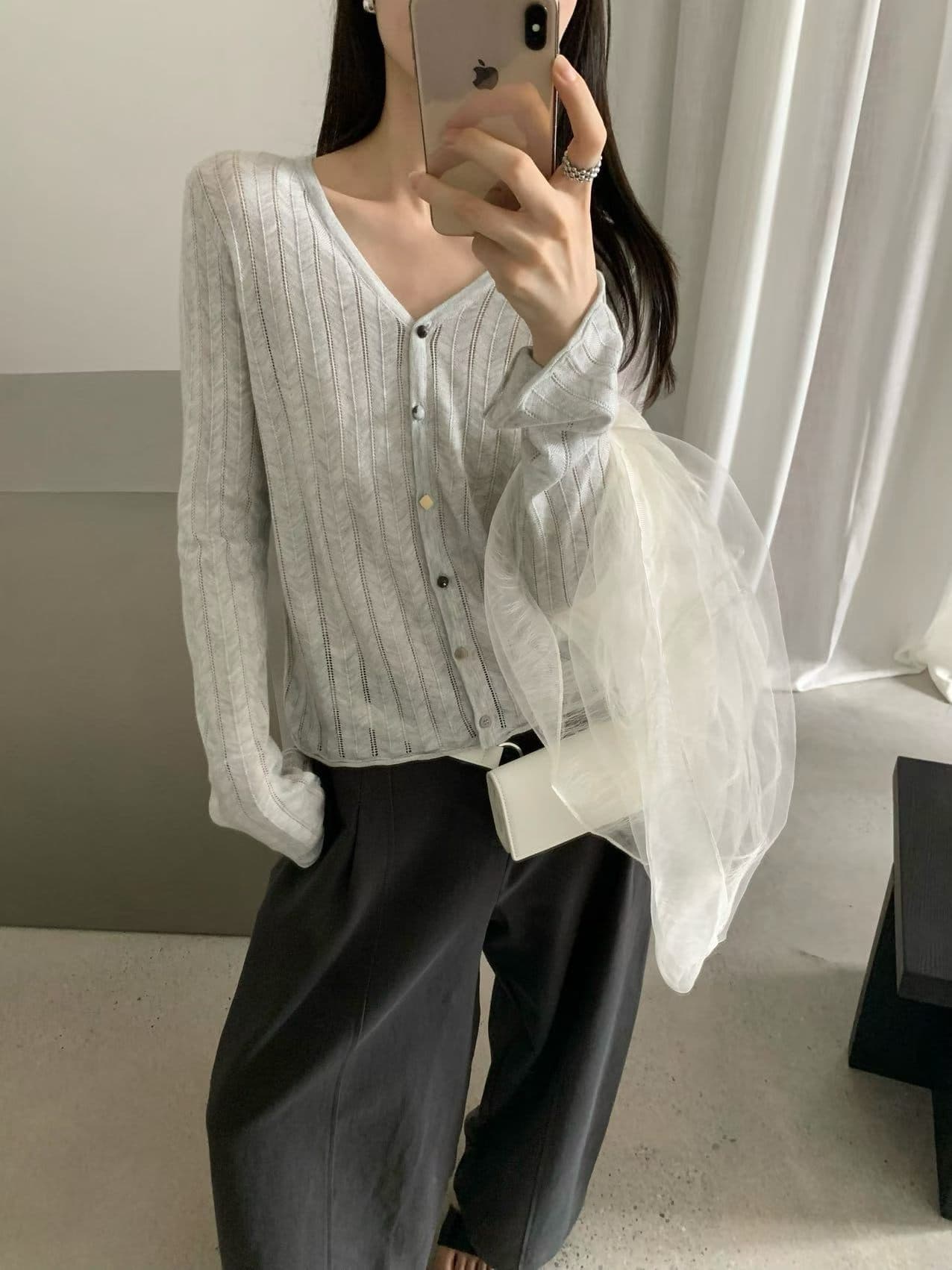 실사 익스트림 제인 지배 26 가을 켜기 새로운 한 부서 V넥 단색 홀로우 아웃 캐주얼 착용 가져 가라. 니트 오픈 가디건 상세 이미지 16