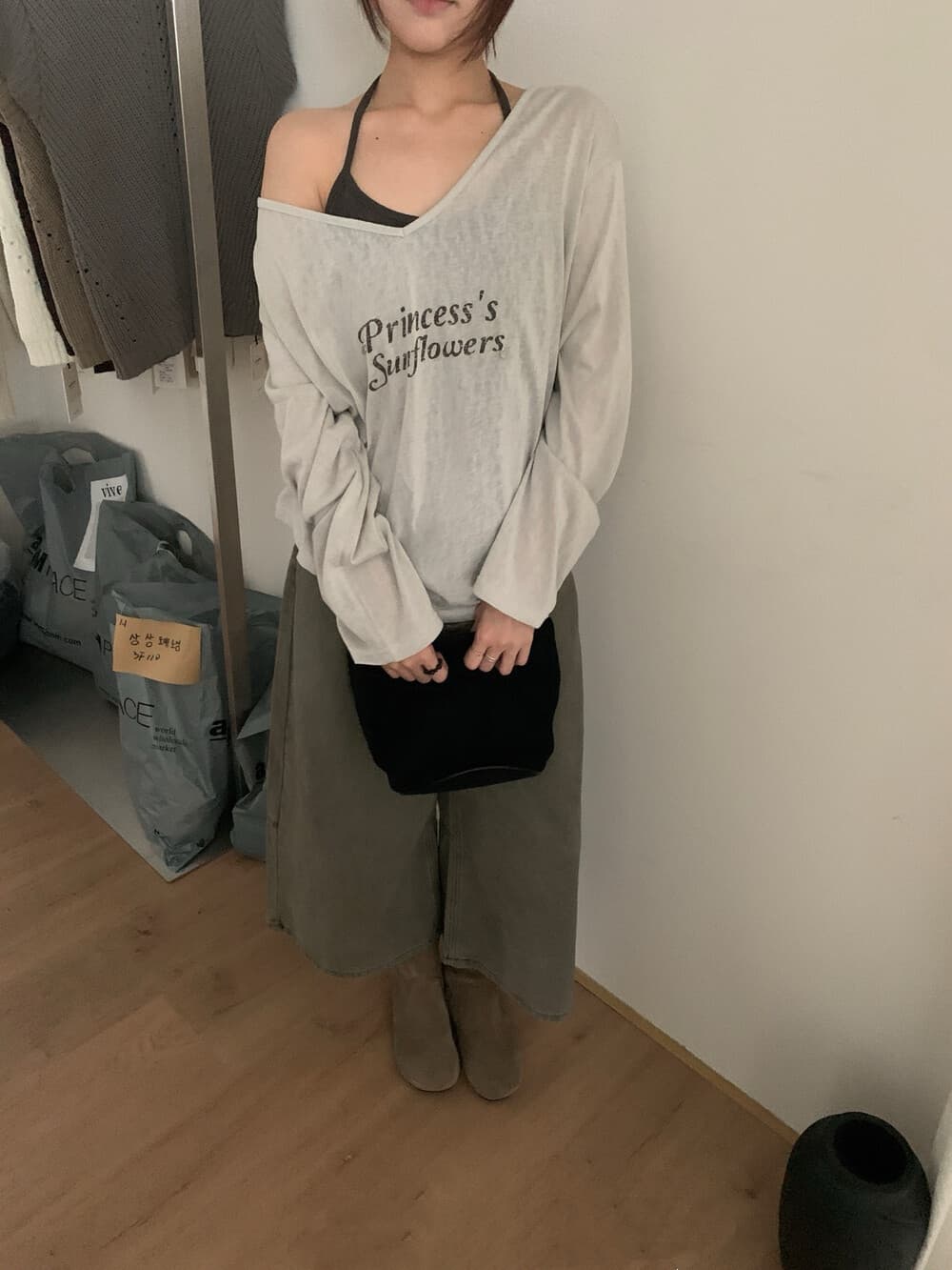 아름다움 폭발 위로 행침 목 스타일 투피스 세트 원단 편안한 행침 목 인사이드 가져 가라. V넥 펌프 Pleat 맨위 슬림해 보이는 긴팔 티셔츠 상세 이미지 10