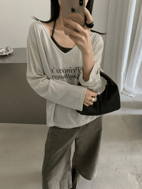 실사 26 가을 켜기 새로운 행침 목 스타일 투피스 세트 원단 자이언트 편안한 행침 목 인사이드 가져 가라. V넥 슬림해 보이는 긴팔 티셔츠 이미지 3