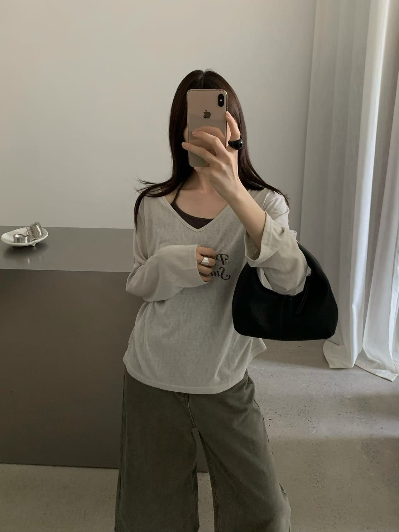실사 26 가을 켜기 새로운 행침 목 스타일 투피스 세트 원단 자이언트 편안한 행침 목 인사이드 가져 가라. V넥 슬림해 보이는 긴팔 티셔츠 상세 이미지 9