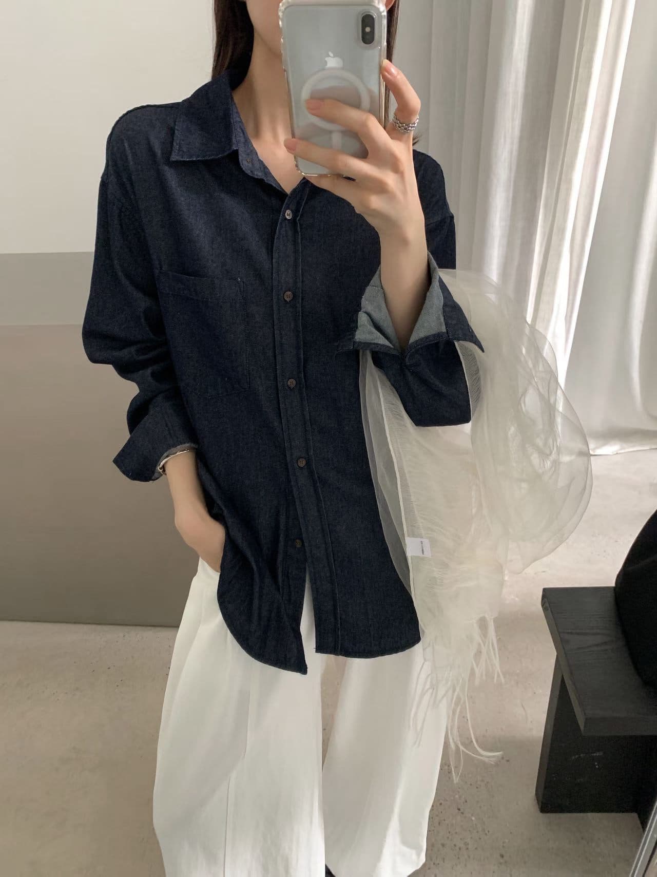 실사 26 가을 켜기 새로운 면 100% 질감 데님 셔츠 캐주얼 루즈핏 긴팔 셔츠 재킷 경기 스카프 상세 이미지 3