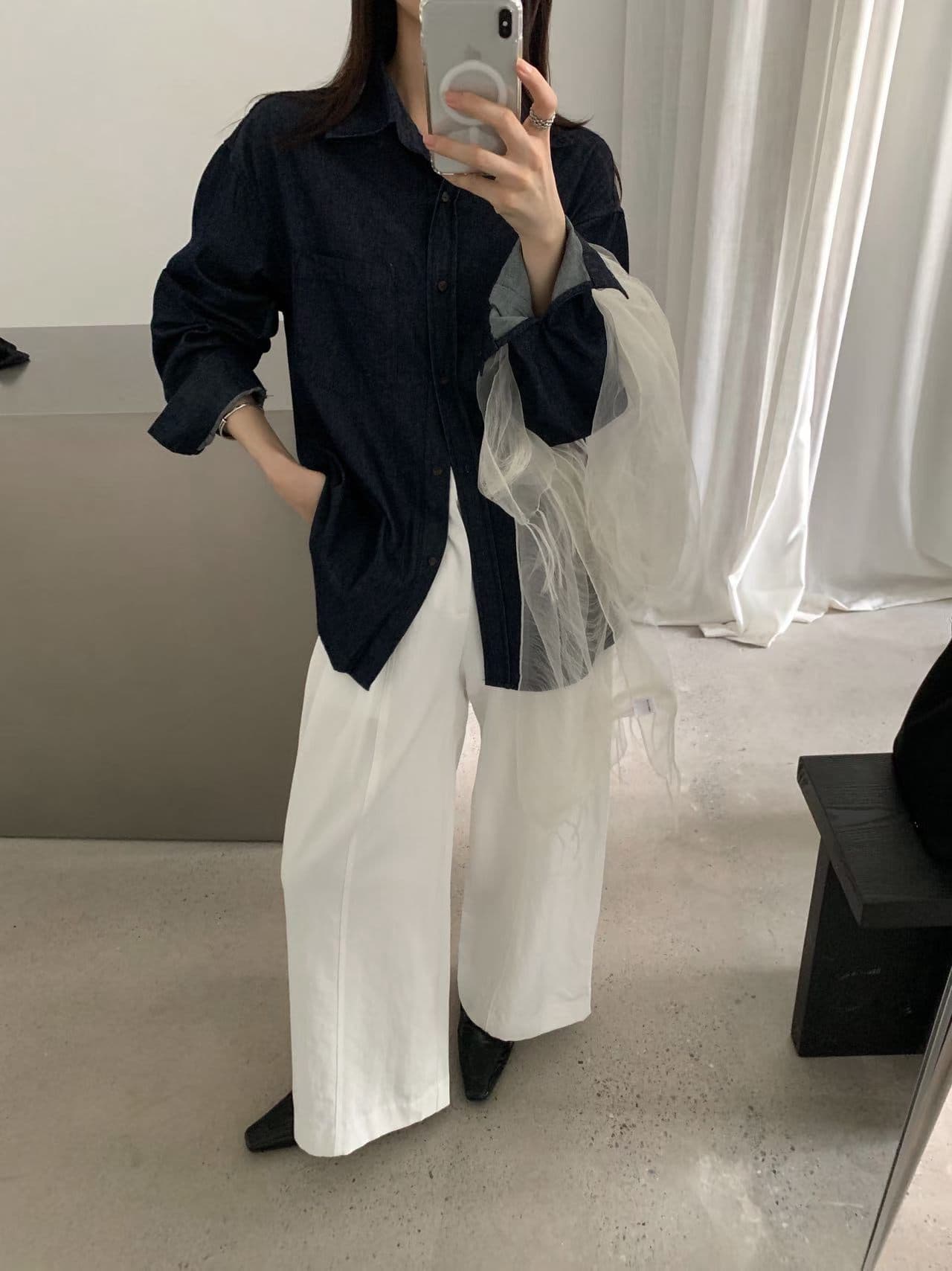 실사 26 가을 켜기 새로운 면 100% 질감 데님 셔츠 캐주얼 루즈핏 긴팔 셔츠 재킷 경기 스카프 상세 이미지 4