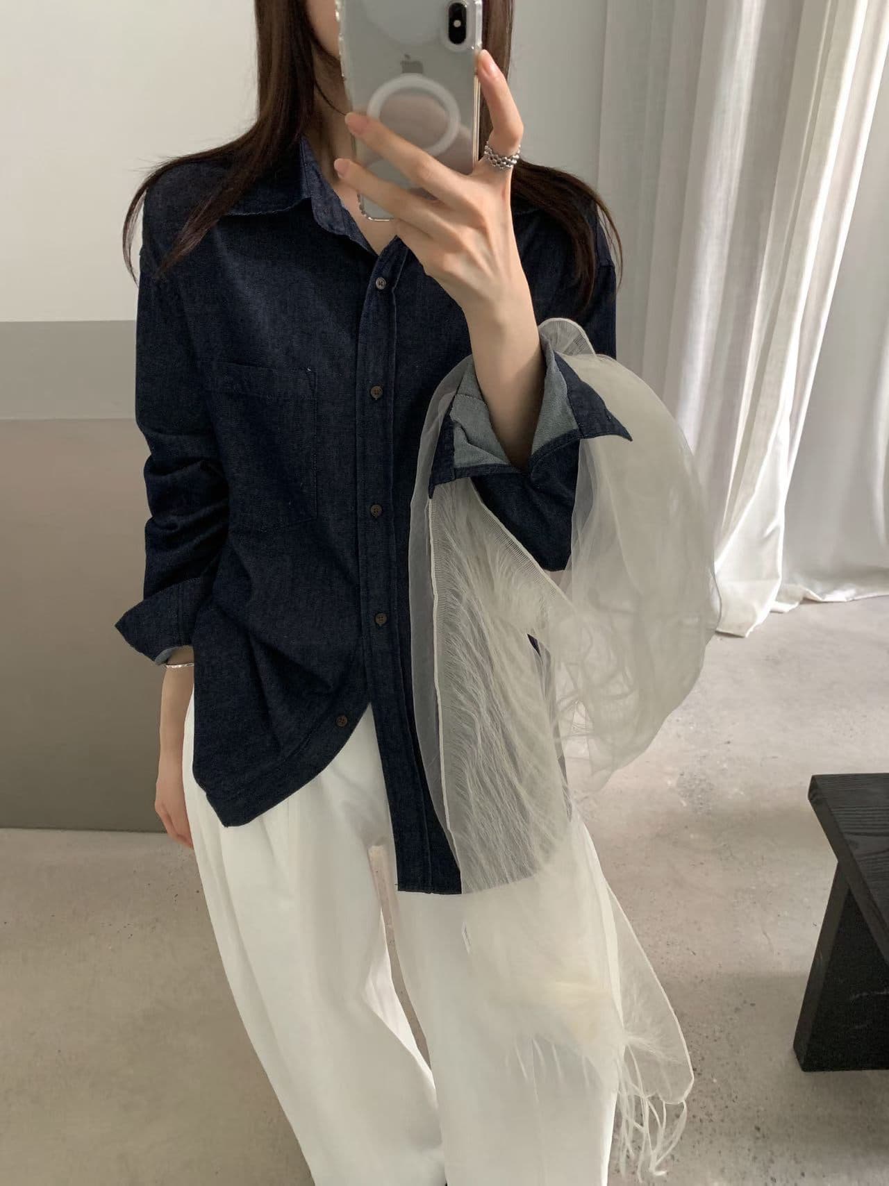 실사 26 가을 켜기 새로운 면 100% 질감 데님 셔츠 캐주얼 루즈핏 긴팔 셔츠 재킷 경기 스카프 상세 이미지 6