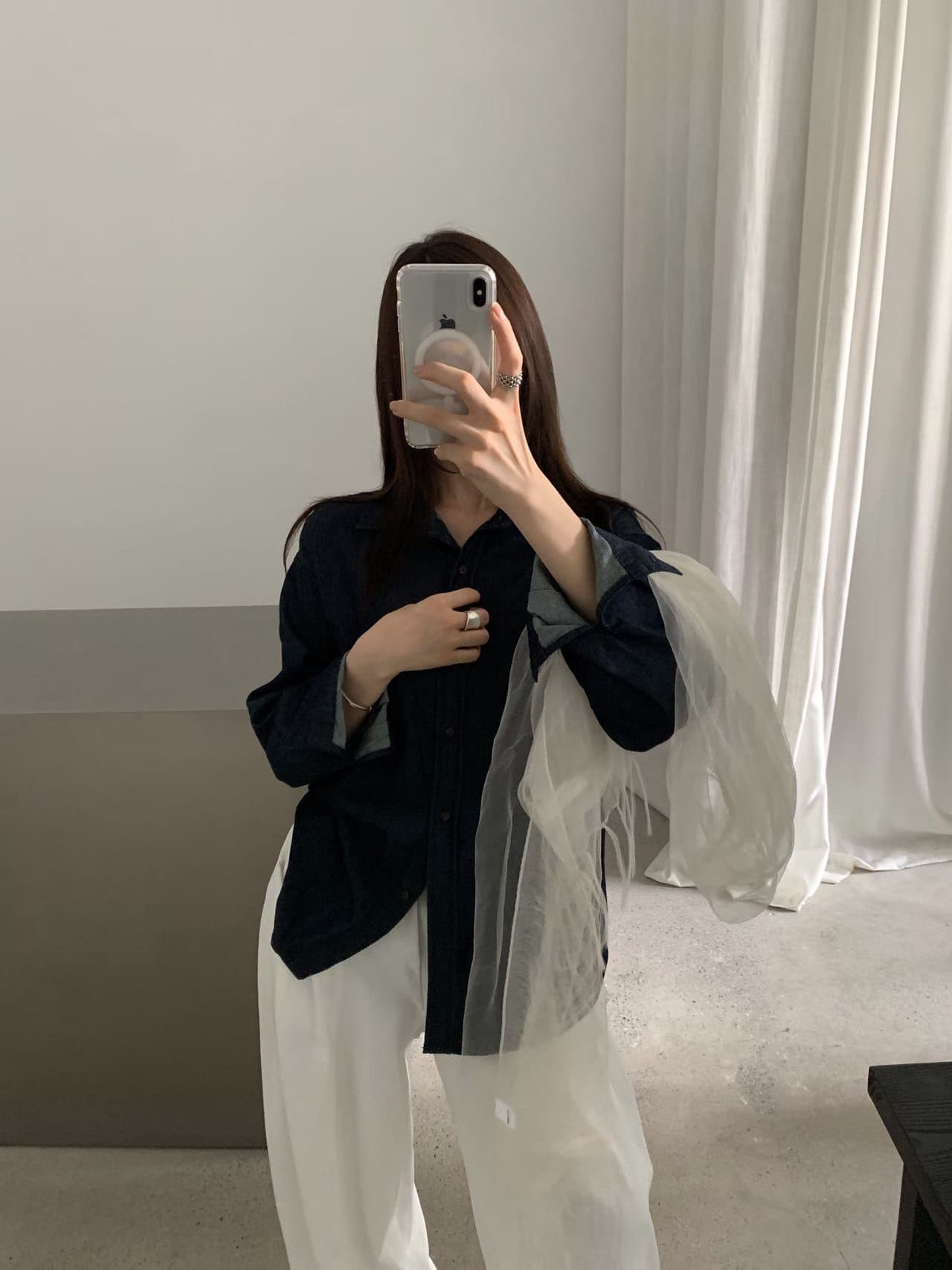 실사 26 가을 켜기 새로운 면 100% 질감 데님 셔츠 캐주얼 루즈핏 긴팔 셔츠 재킷 경기 스카프 상세 이미지 7