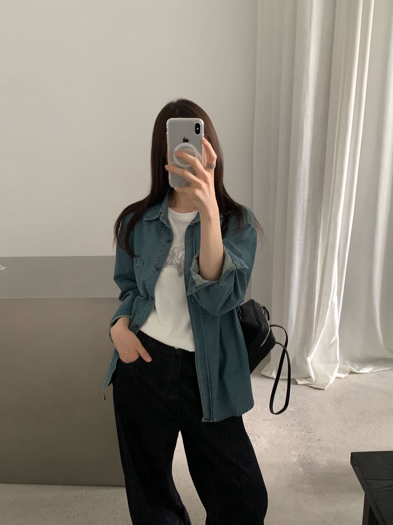 실사 26 가을 켜기 새로운 면 100% 질감 데님 셔츠 캐주얼 루즈핏 긴팔 셔츠 재킷 경기 스카프 상세 이미지 10