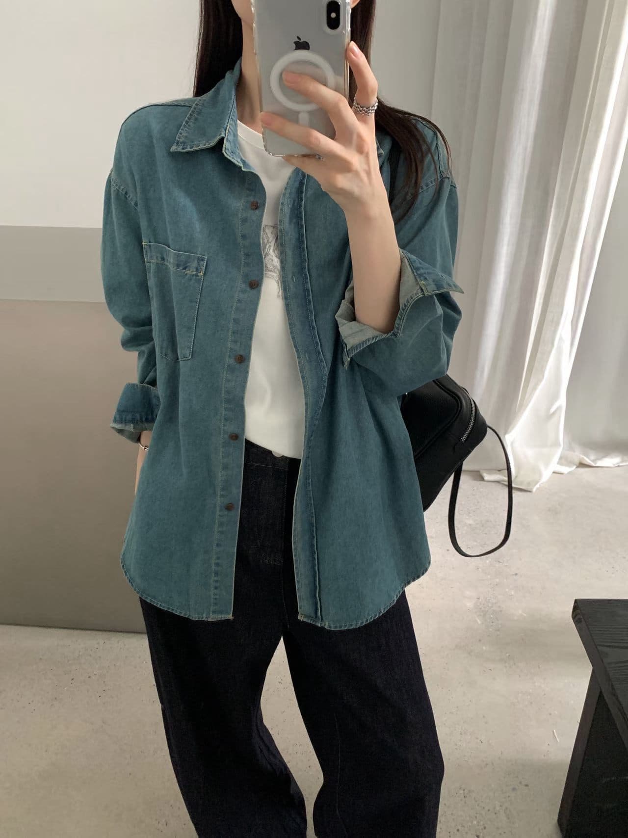 실사 26 가을 켜기 새로운 면 100% 질감 데님 셔츠 캐주얼 루즈핏 긴팔 셔츠 재킷 경기 스카프 상세 이미지 12