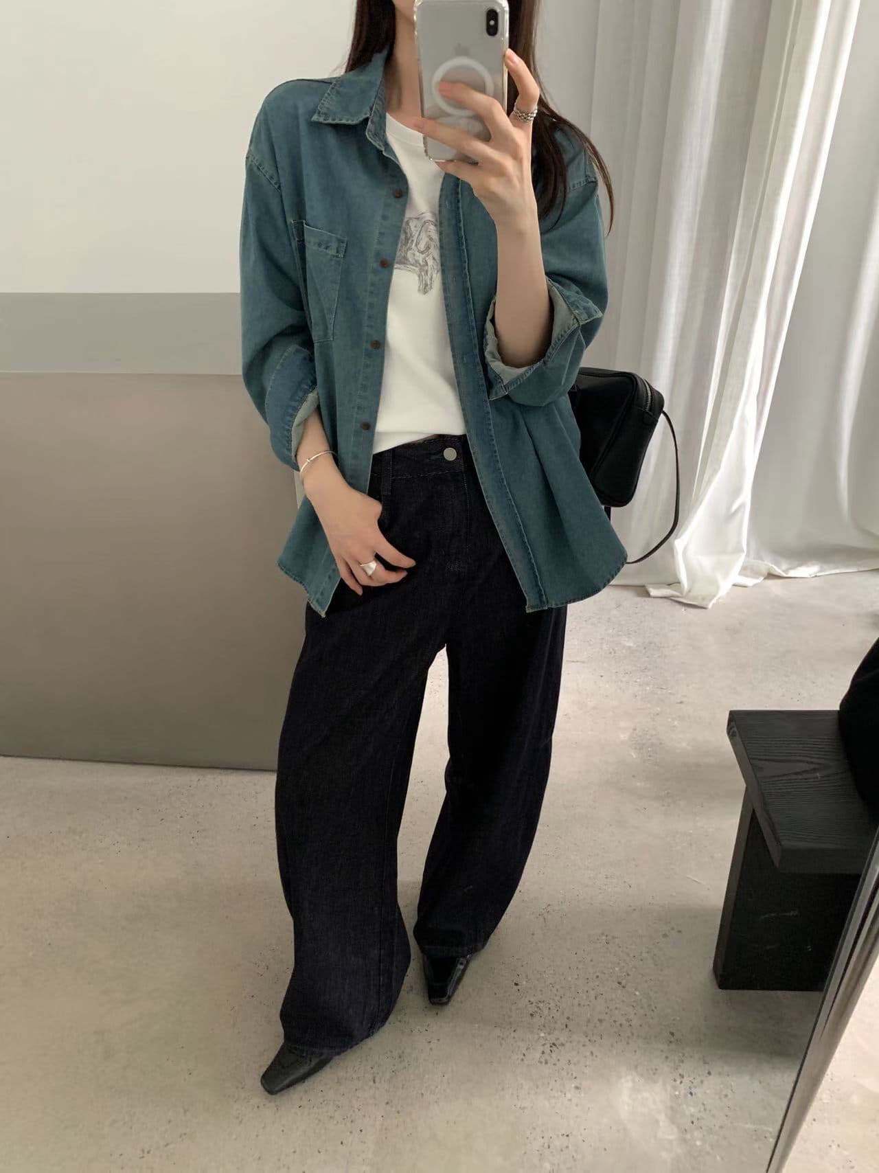 실사 26 가을 켜기 새로운 면 100% 질감 데님 셔츠 캐주얼 루즈핏 긴팔 셔츠 재킷 경기 스카프 상세 이미지 13