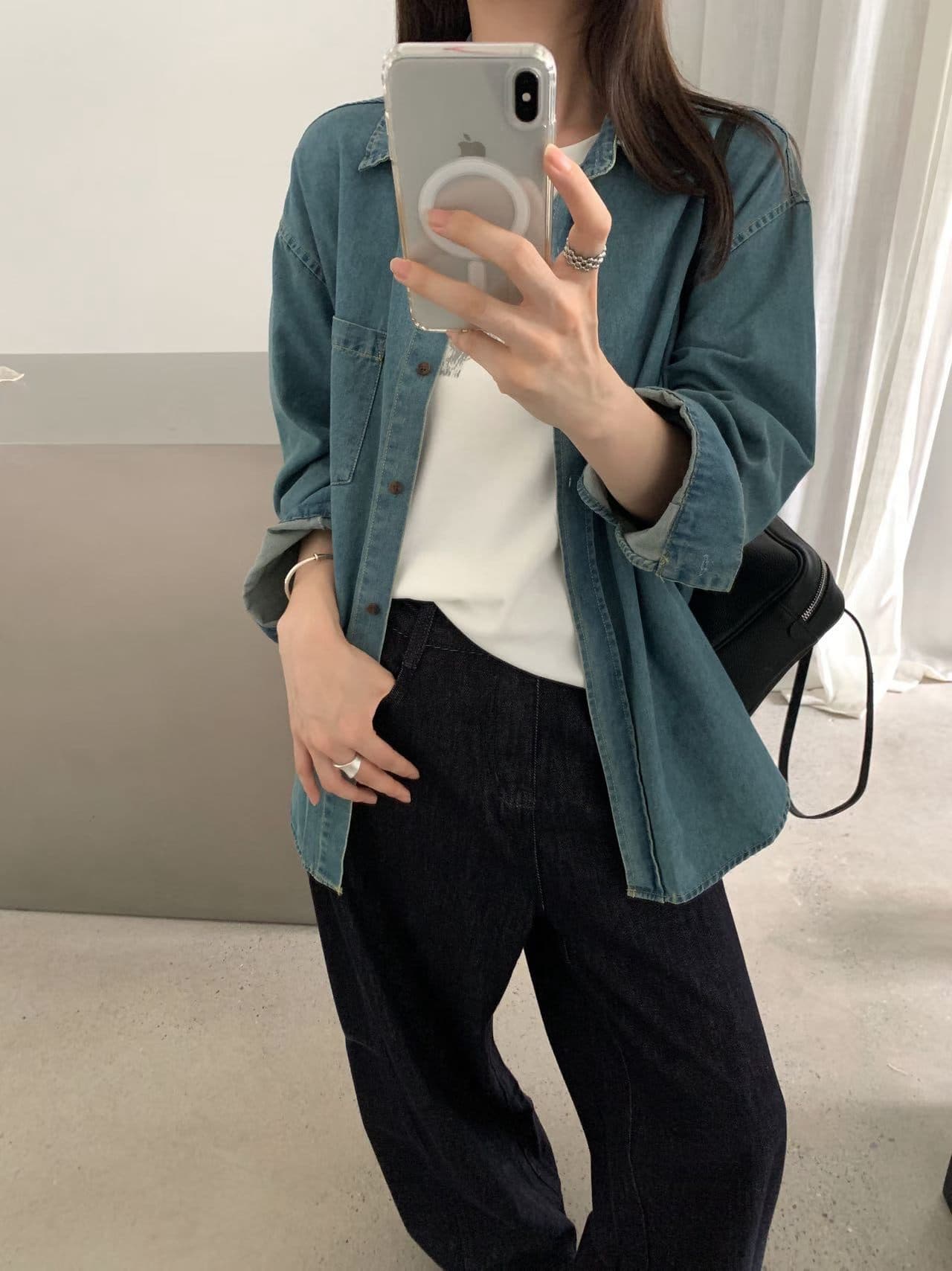 실사 26 가을 켜기 새로운 면 100% 질감 데님 셔츠 캐주얼 루즈핏 긴팔 셔츠 재킷 경기 스카프 상세 이미지 14