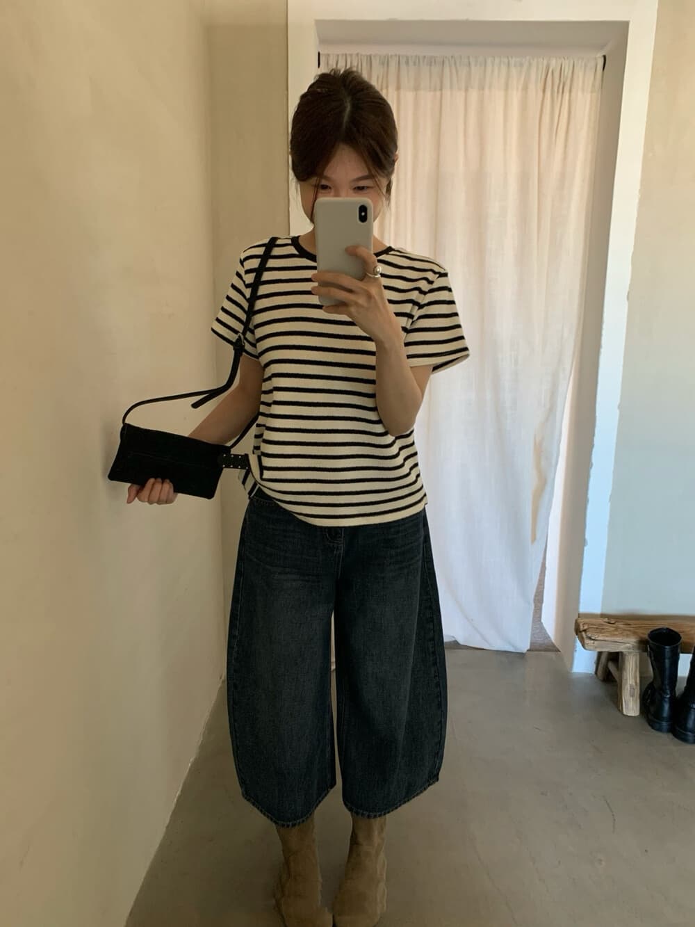 한 부서 스트라이프 반팔 자이언트 잘 생긴 삼색 긍정적 인 어깨 슬림해 보이는 다용도 반팔 티셔츠 상세 이미지 4