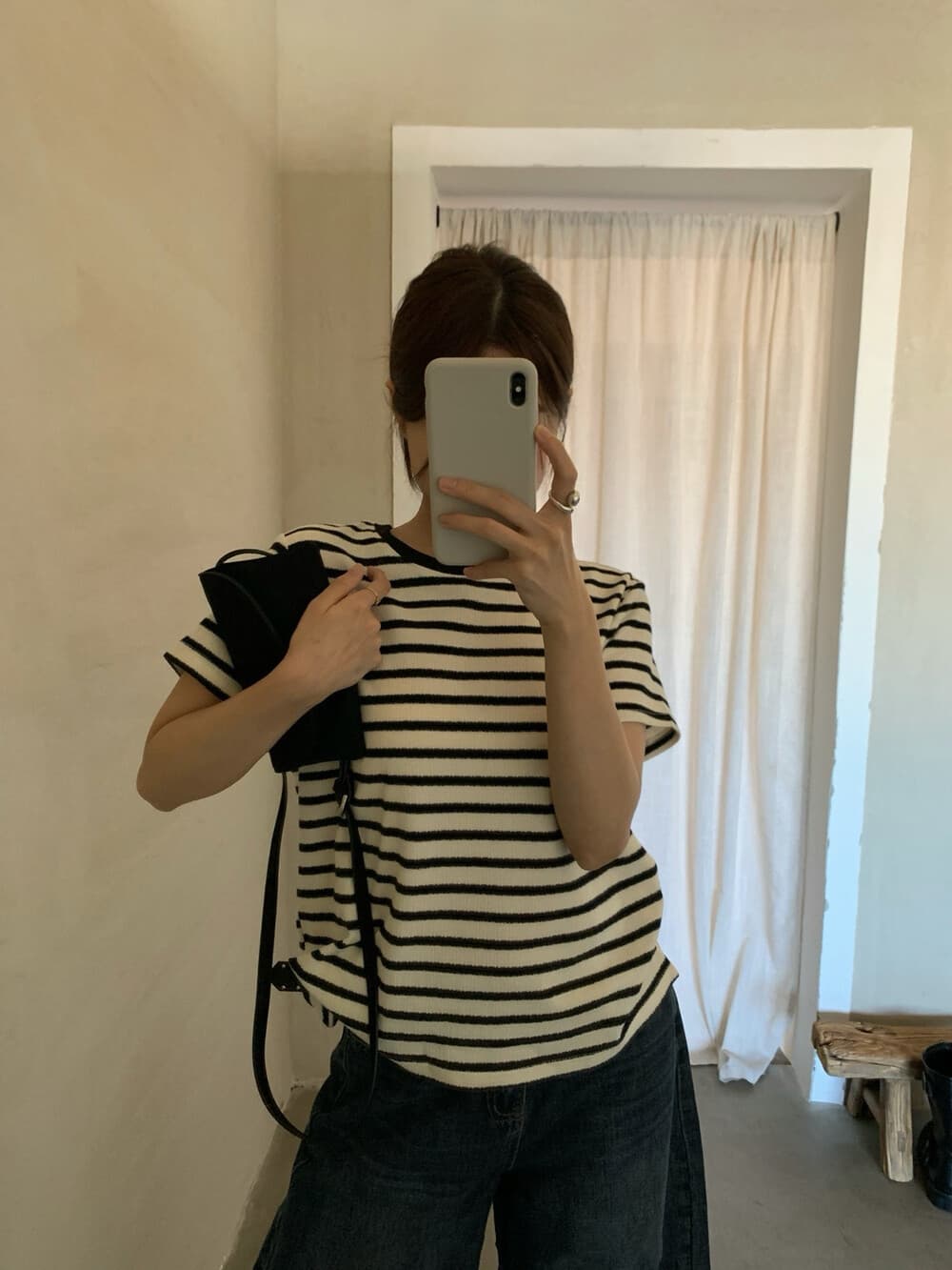한 부서 스트라이프 반팔 자이언트 잘 생긴 삼색 긍정적 인 어깨 슬림해 보이는 다용도 반팔 티셔츠 상세 이미지 6
