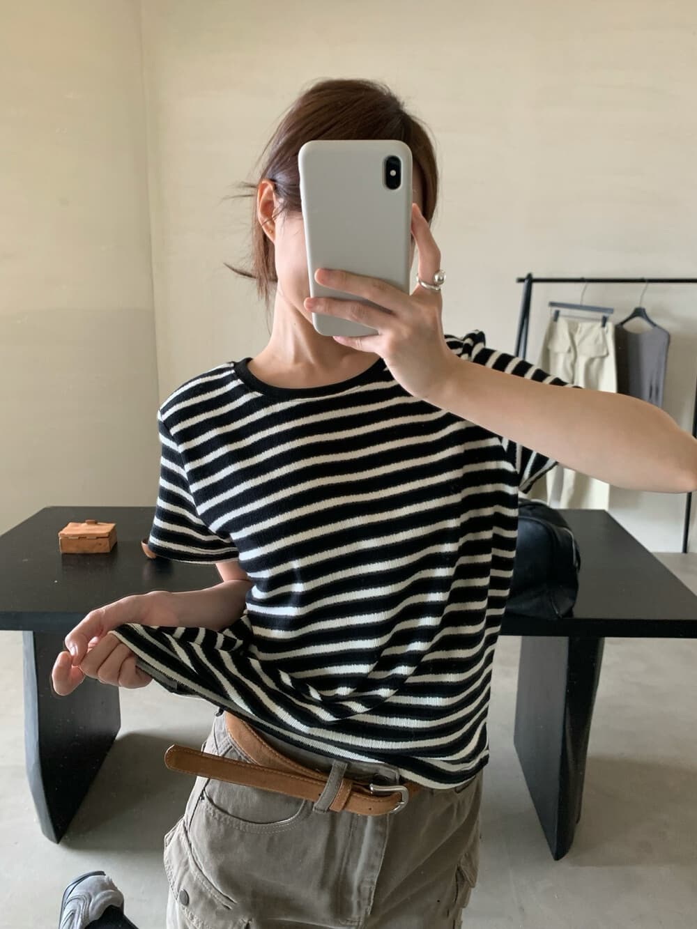 한 부서 스트라이프 반팔 자이언트 잘 생긴 삼색 긍정적 인 어깨 슬림해 보이는 다용도 반팔 티셔츠 상세 이미지 11