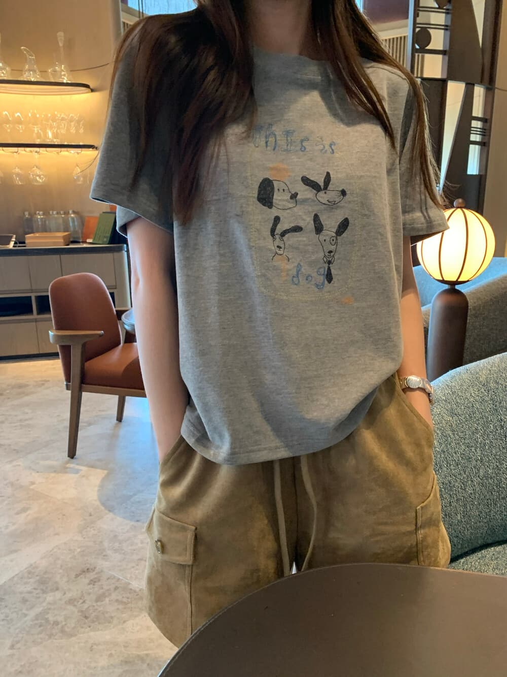 26 가을 켜기 새로운 낮음 포화 된 색 라인 강아지 루즈핏 편안함 t 캐주얼 만화 프린트 자이언트 다용도 반팔 티셔츠 상세 이미지 16