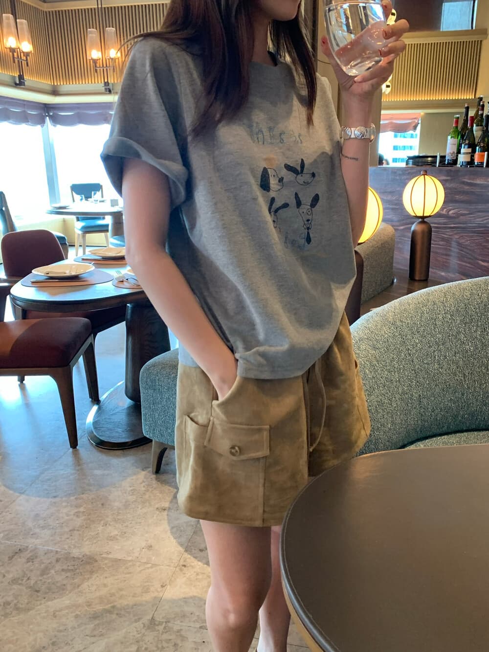 26 가을 켜기 새로운 낮음 포화 된 색 라인 강아지 루즈핏 편안함 t 캐주얼 만화 프린트 자이언트 다용도 반팔 티셔츠 상세 이미지 17
