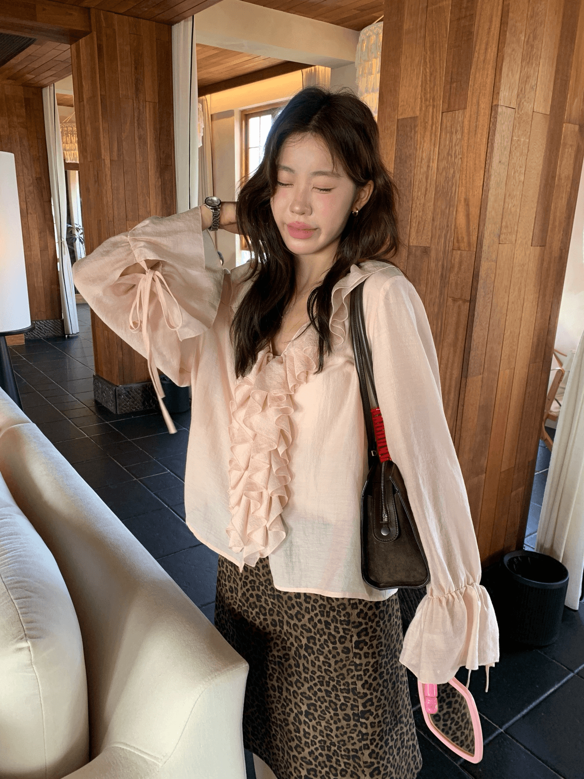 26 가을 켜기 새로운 프랑스식 부드러운 프릴 V넥 긴팔 작은 셔츠 상세 이미지 10