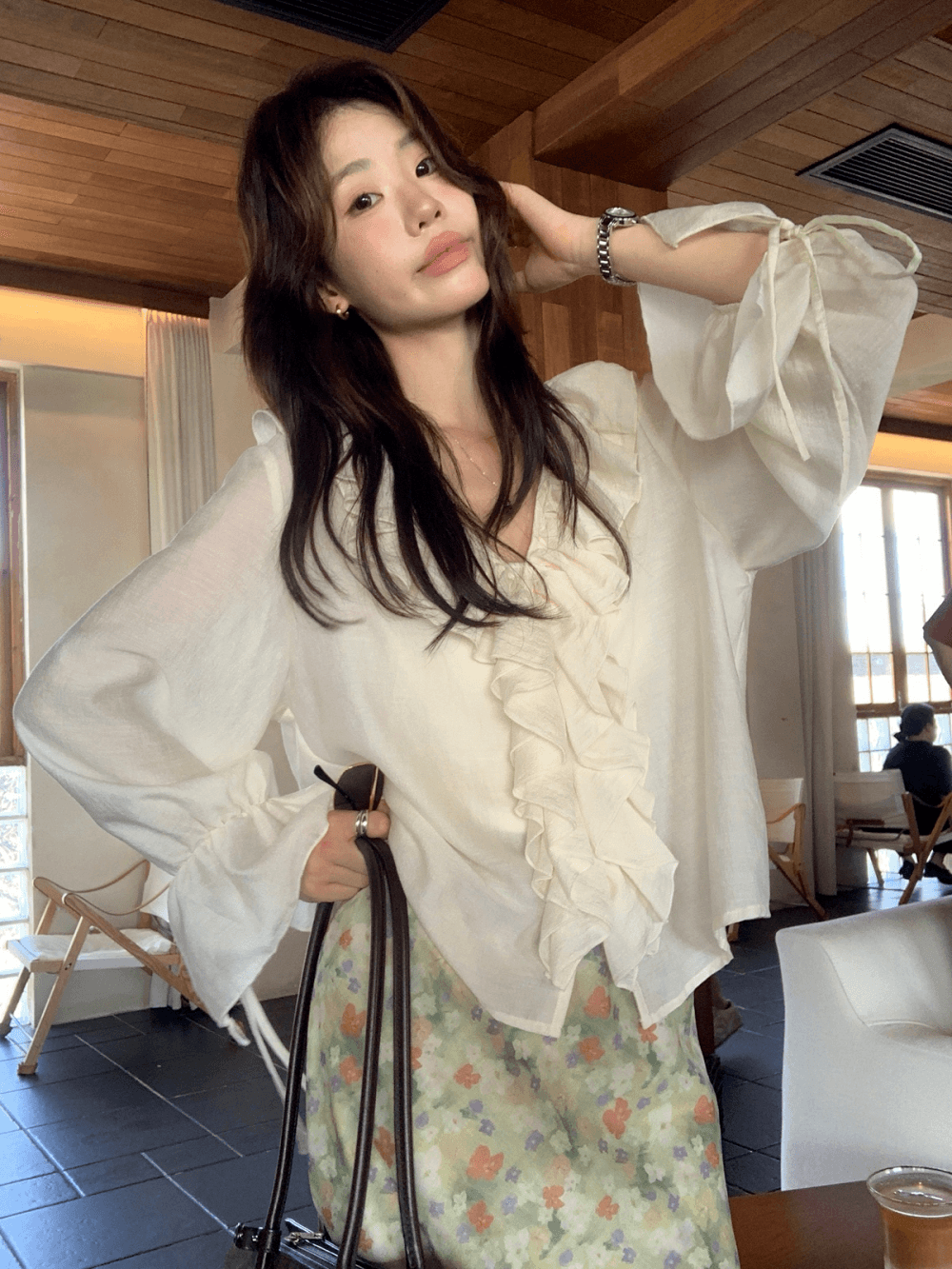 26 가을 켜기 새로운 프랑스식 부드러운 프릴 V넥 긴팔 작은 셔츠 상세 이미지 17