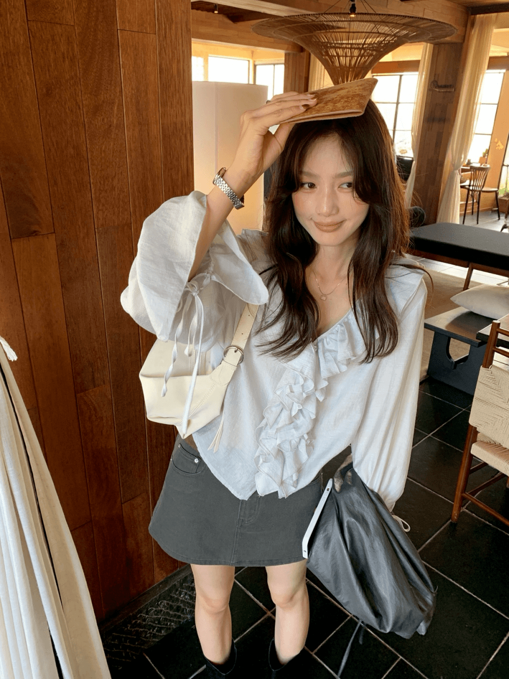 26 가을 켜기 새로운 프랑스식 부드러운 프릴 V넥 긴팔 작은 셔츠 상세 이미지 20