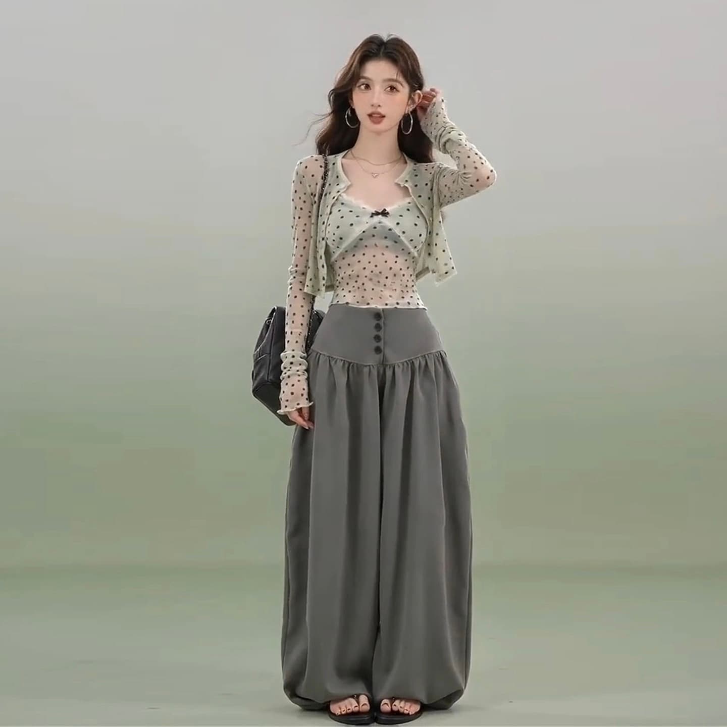 한 부서 고급 센스 ootd 착용 가져 가라. 에이즈 환자 세트 여성 작은 키 슬립 오픈 가디건 와이드 레그 팬츠 어린이 3종 세트 상세 이미지 1