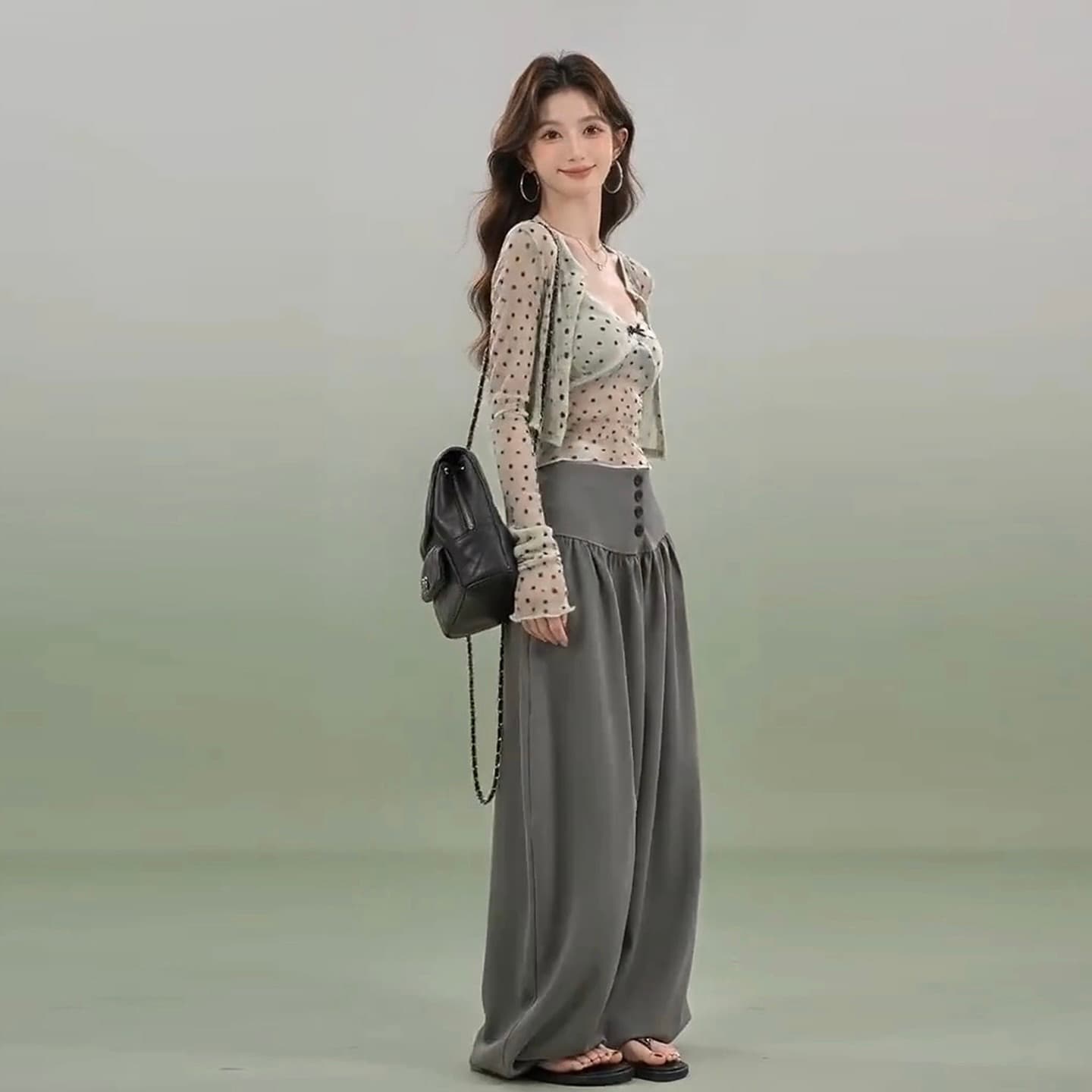 한 부서 고급 센스 ootd 착용 가져 가라. 에이즈 환자 세트 여성 작은 키 슬립 오픈 가디건 와이드 레그 팬츠 어린이 3종 세트 상세 이미지 3