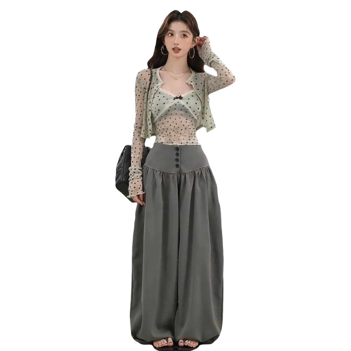 한 부서 고급 센스 ootd 착용 가져 가라. 에이즈 환자 세트 여성 작은 키 슬립 오픈 가디건 와이드 레그 팬츠 어린이 3종 세트 상세 이미지 5