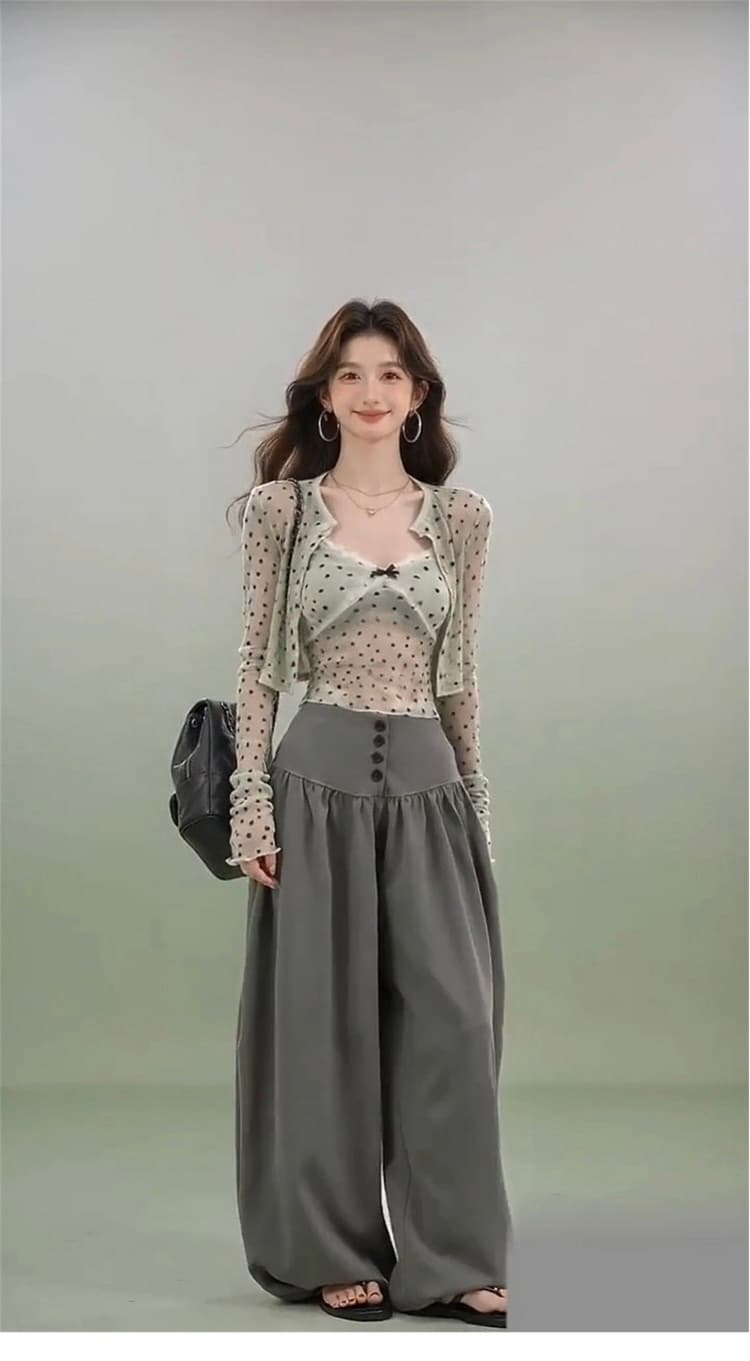 한 부서 고급 센스 ootd 착용 가져 가라. 에이즈 환자 세트 여성 작은 키 슬립 오픈 가디건 와이드 레그 팬츠 어린이 3종 세트 상세 이미지 6